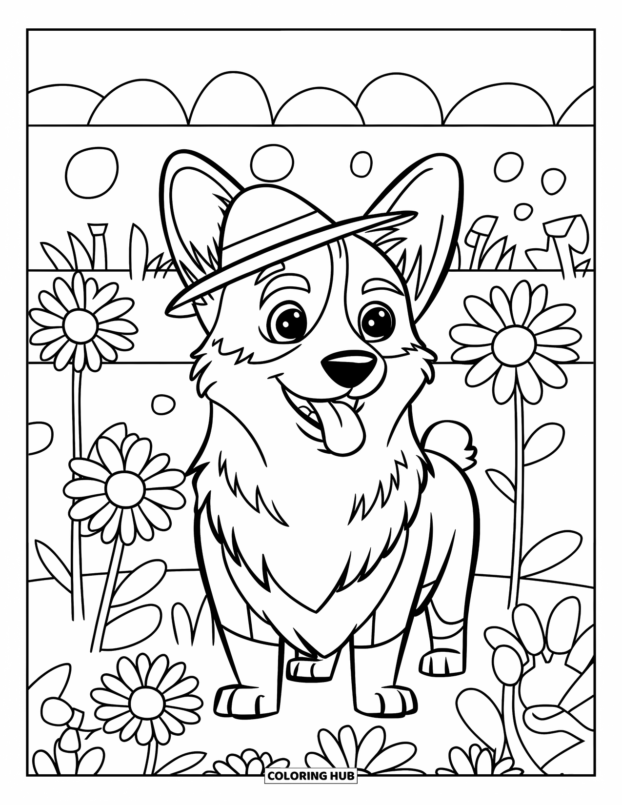 Desen de colorat cu Corgi pentru copii: Un corgi cu o pălărie drăguță explorează o grădină cu flori plină de margarete mari și unelte
