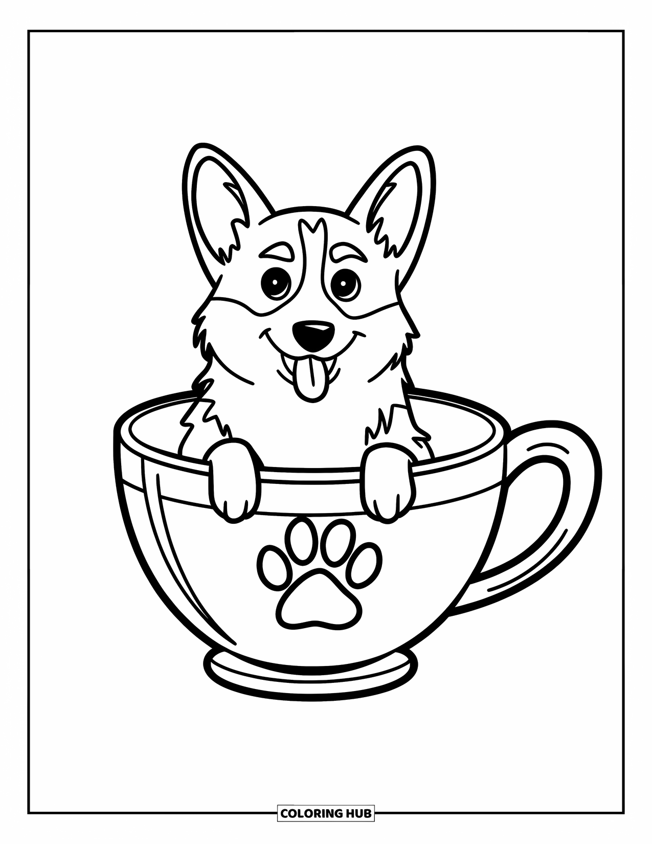 Desen de colorat cu Corgi pentru copii: Un corgi lenevește într-o ceașcă de ceai, bucurându-se de spațiul confortabil cu un design simplu