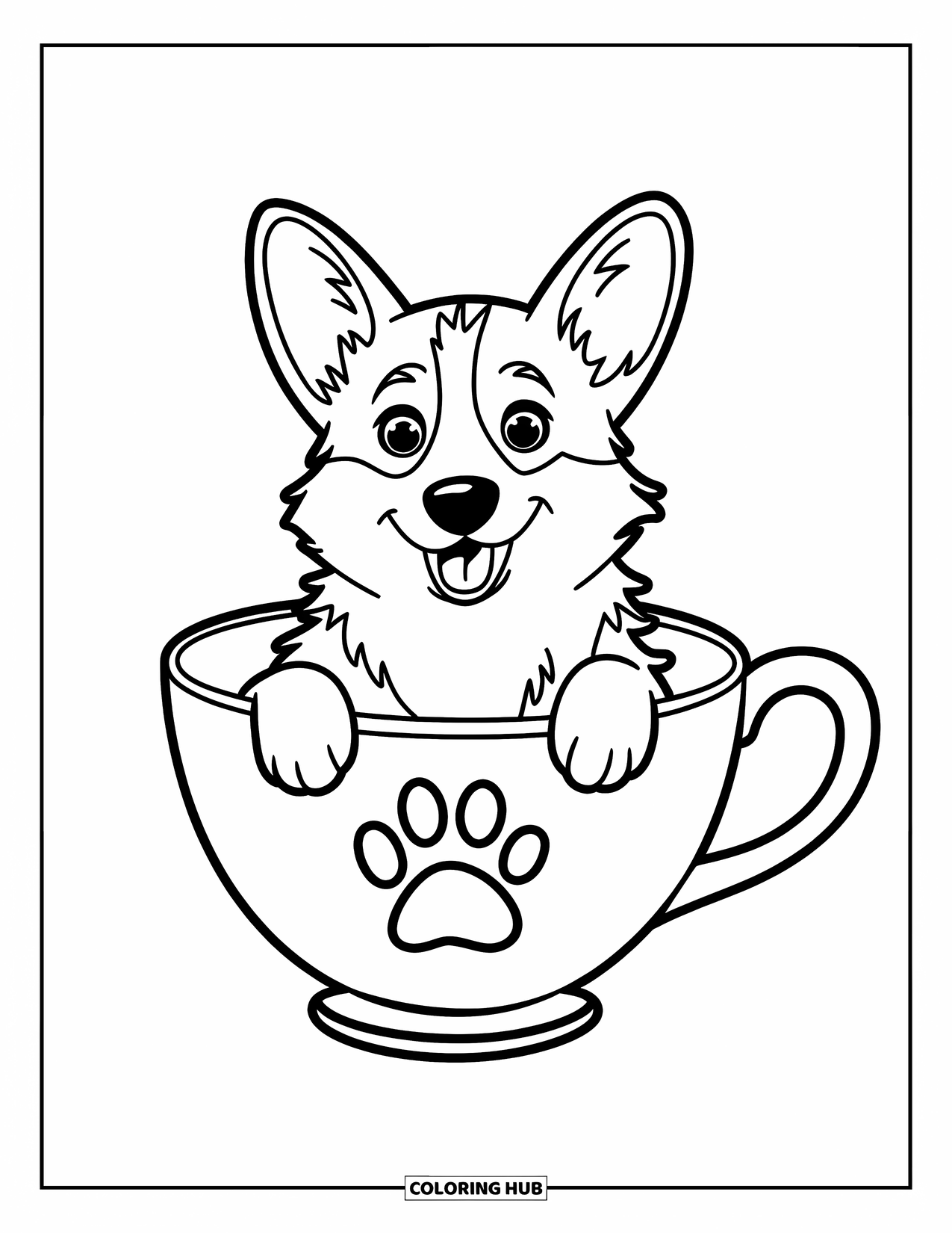 Desen de colorat cu Corgi pentru copii: Un corgi se uită din interiorul unei cești de ceai uriașe cu un design drăguț cu amprentă de lăbuță