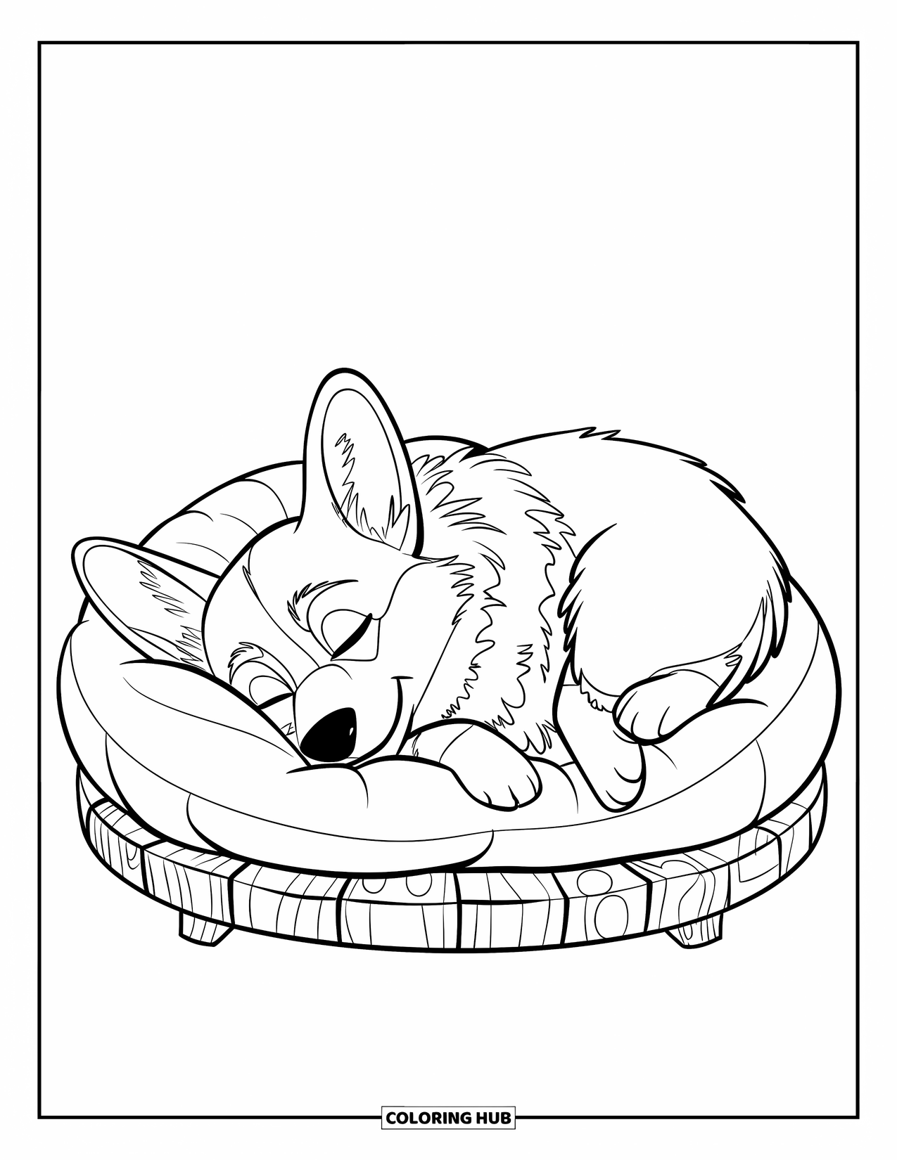 Desen de colorat cu Corgi pentru copii: Un corgi își sprijină capul pe o pernă, cuibărit într-o formă rotundă de somn