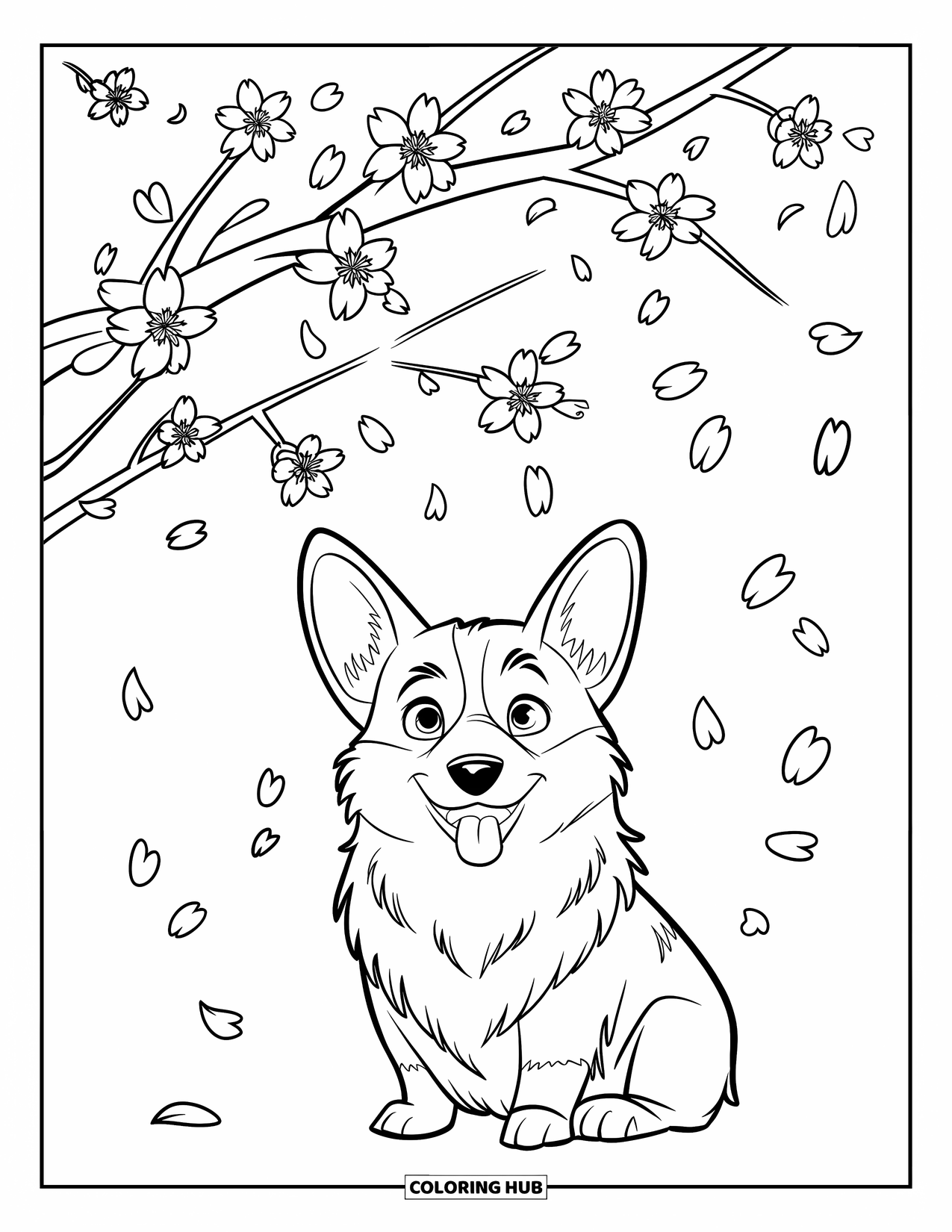Desen de colorat cu Corgi pentru copii: Un corgi se odihnește sub un cireș înflorit, în timp ce petale moi plutesc în aer