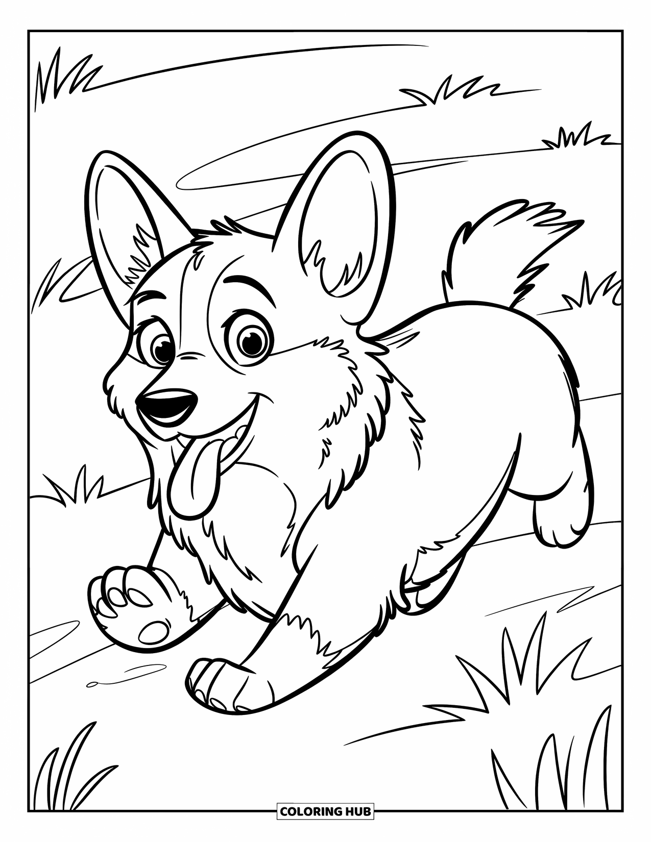 Desen de colorat cu Corgi pentru copii: Un corgi aleargă fericit cu limba scoasă și coada dând din ea pe câmpul deschis