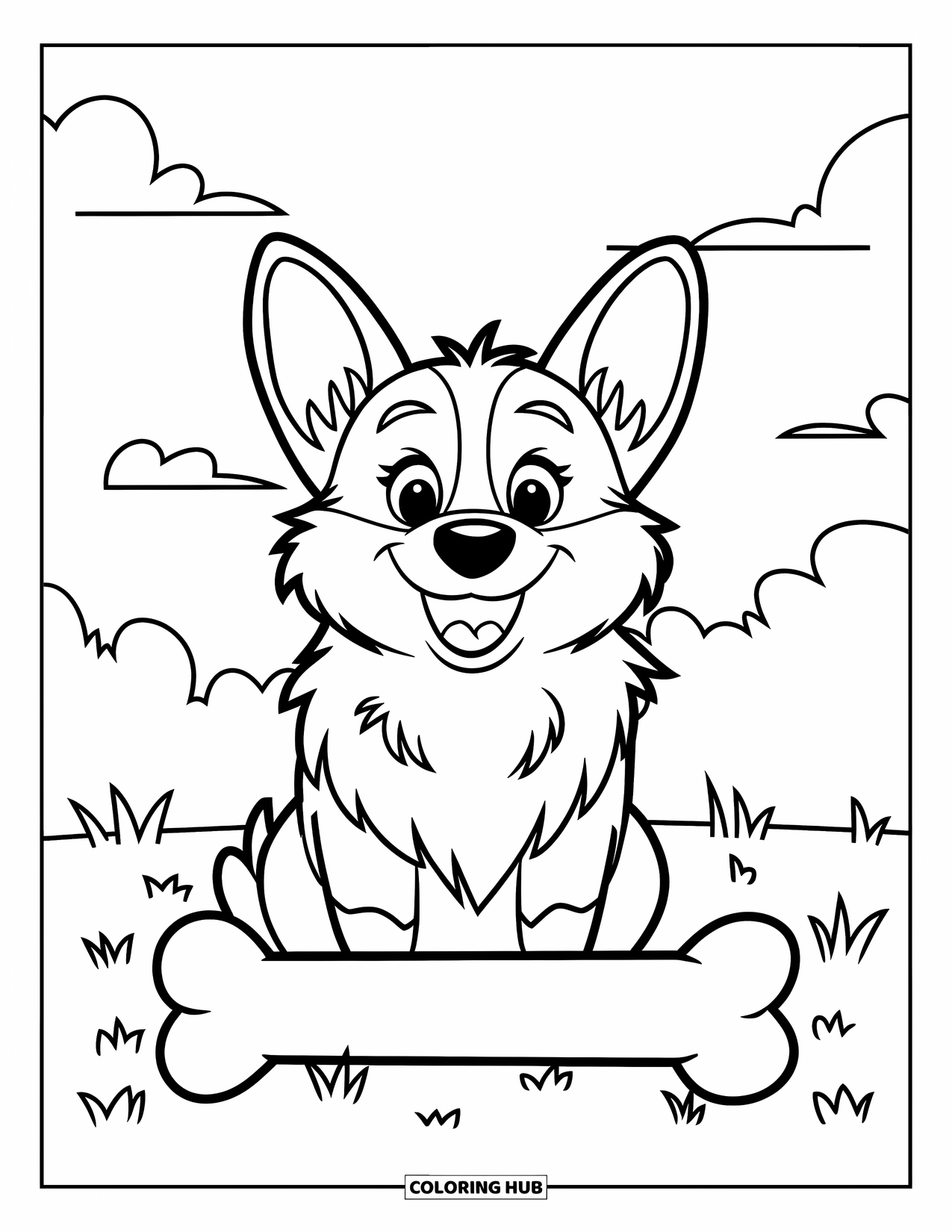 Desen de colorat cu Corgi pentru copii: Un corgi stă cu un os pe un câmp cu iarbă, înconjurat de un cer luminos și deschis