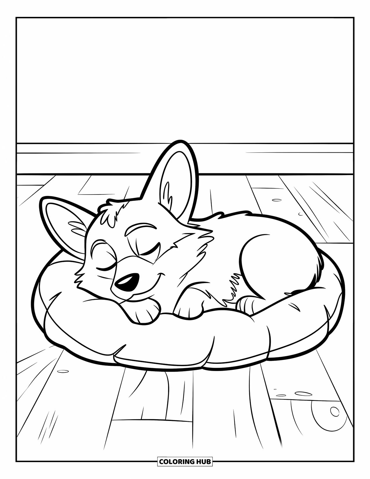 Desen de colorat cu Corgi pentru copii: Un corgi doarme liniștit pe o pernă pufoasă, cu lăbuțele sub corp