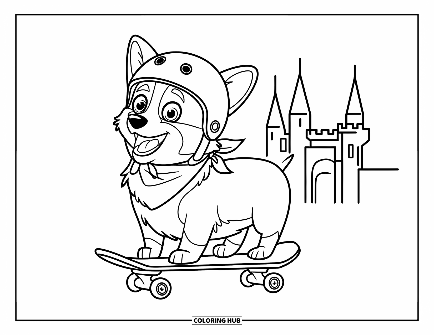 Desen de colorat cu Corgi pentru copii: Un corgi, purtând o cască, merge cu skateboard-ul lângă un castel cu turnuri înalte