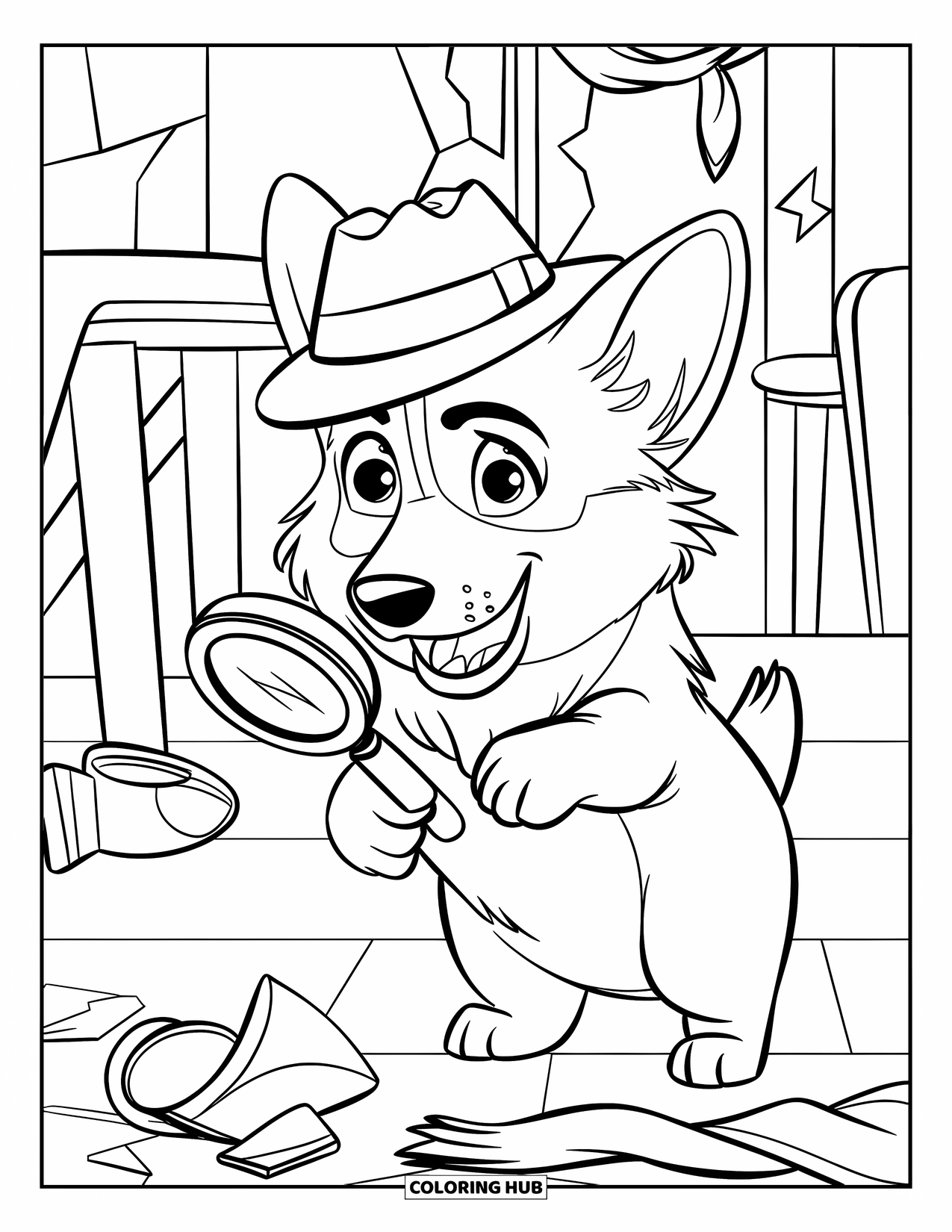 Desen de colorat cu Corgi pentru copii: Un corgi detectiv, purtând o pălărie, caută indicii la o scenă a crimei cu mobilier răsturnat