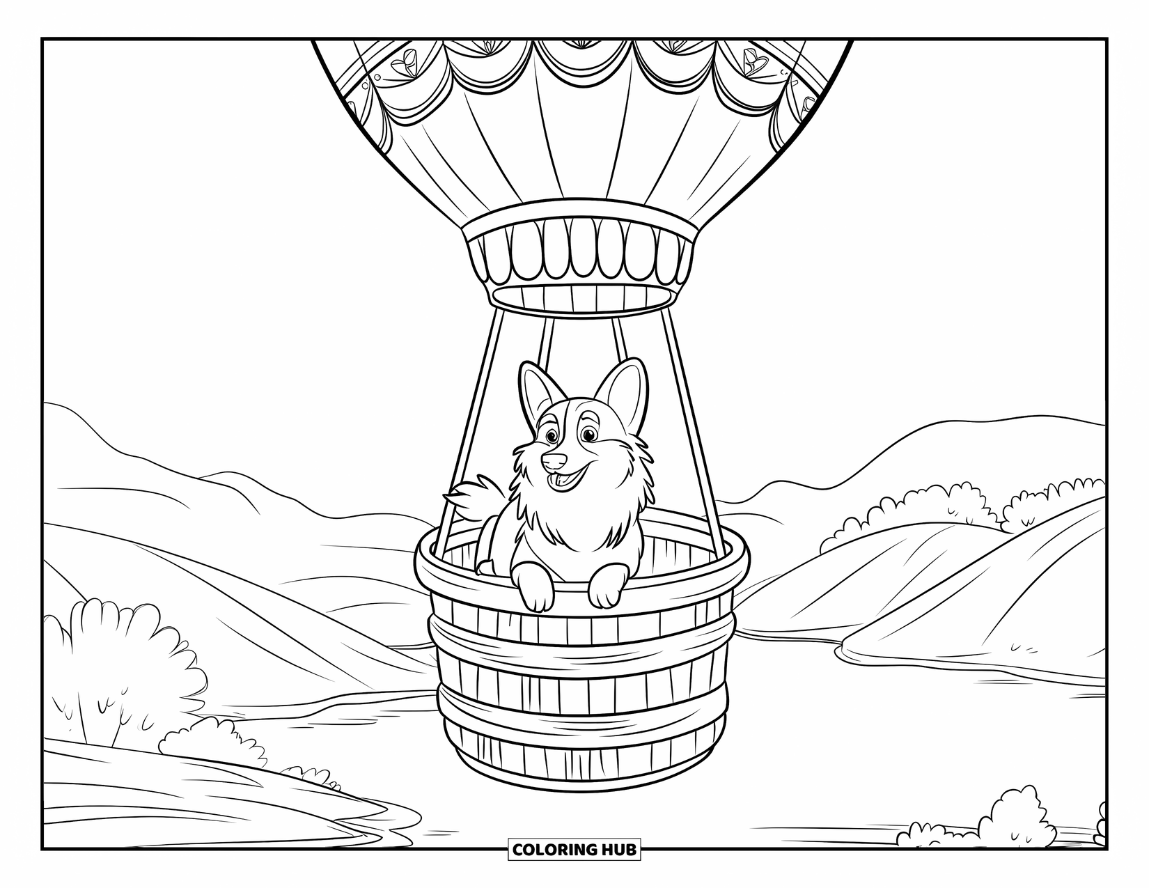 Desen de colorat cu Corgi pentru copii: Un corgi pufos se uită peste marginea unui balon cu aer cald cu model, admirând peisajul