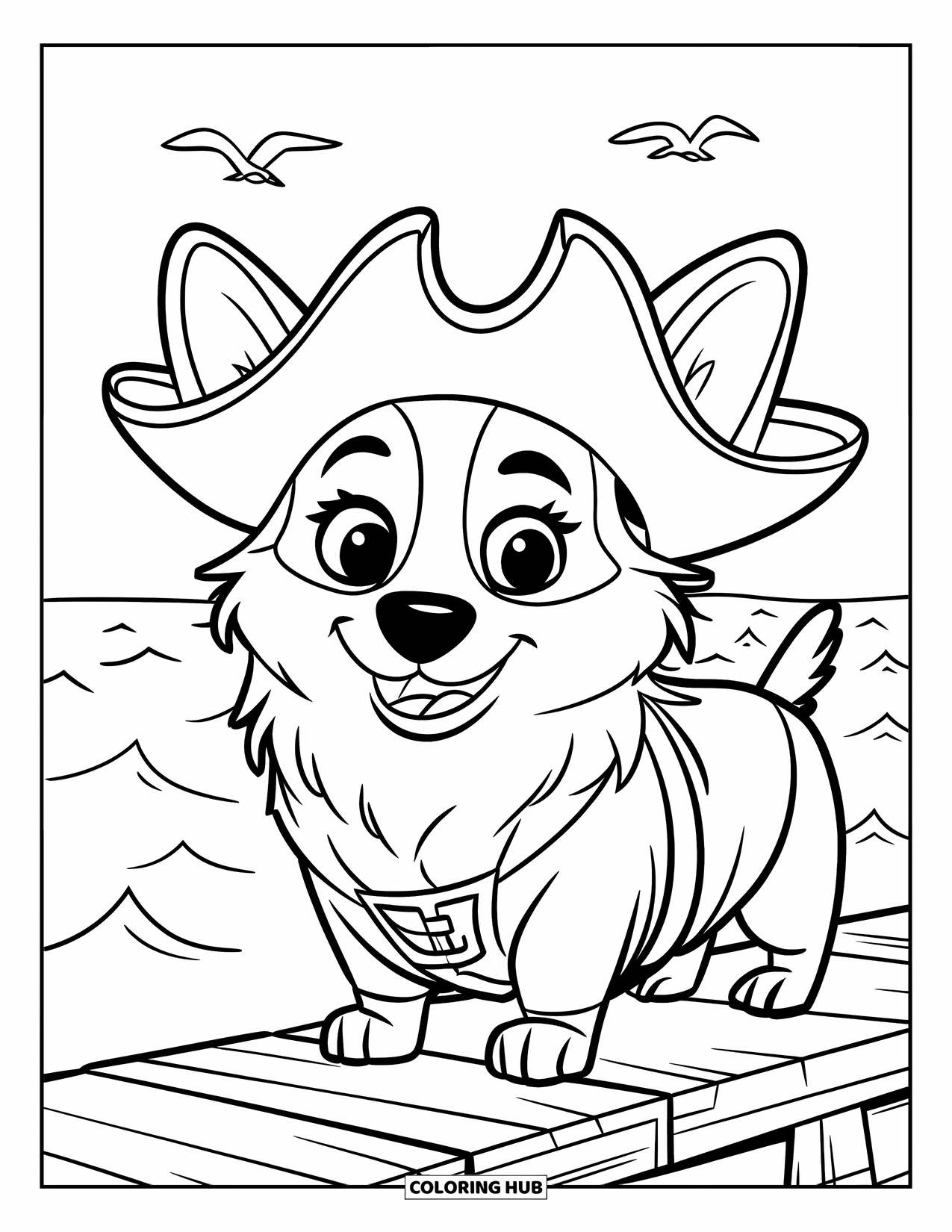 Desen de colorat cu Corgi pentru copii: Un corgi pirat, purtând o pălărie, stă cu încredere pe o scândură de lemn deasupra valurilor oceanului