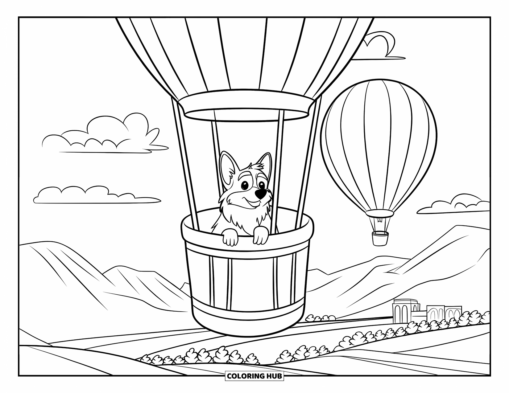 Desen de colorat cu Corgi pentru copii: Corgi stă în coșul unui balon cu aer cald, privind peisajul vast de dedesubt
