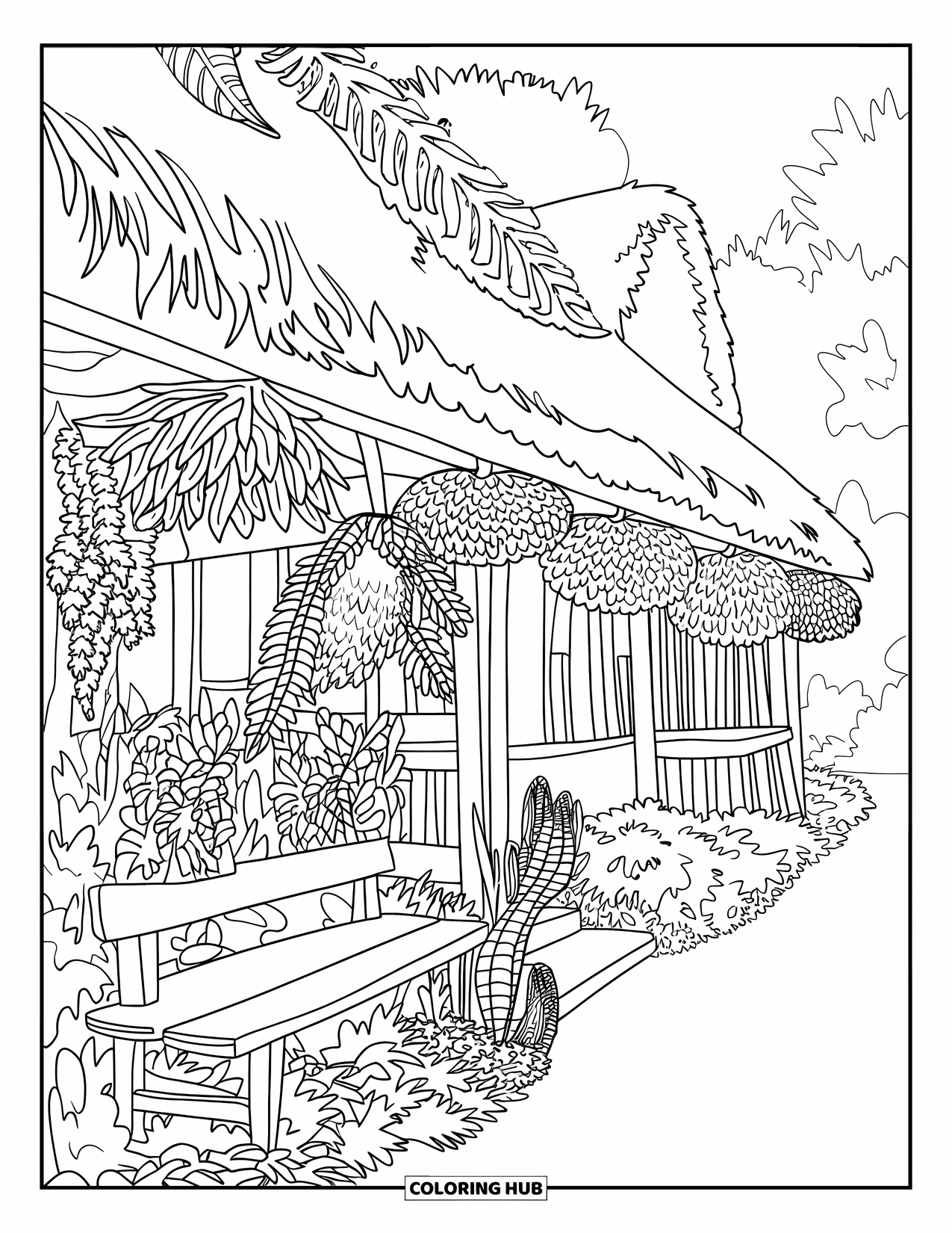 Dibujo para colorear de una cabaña para adultos: Una cabaña de jardín botánico con plantas colgantes, exuberante vegetación y un banco rústico de madera