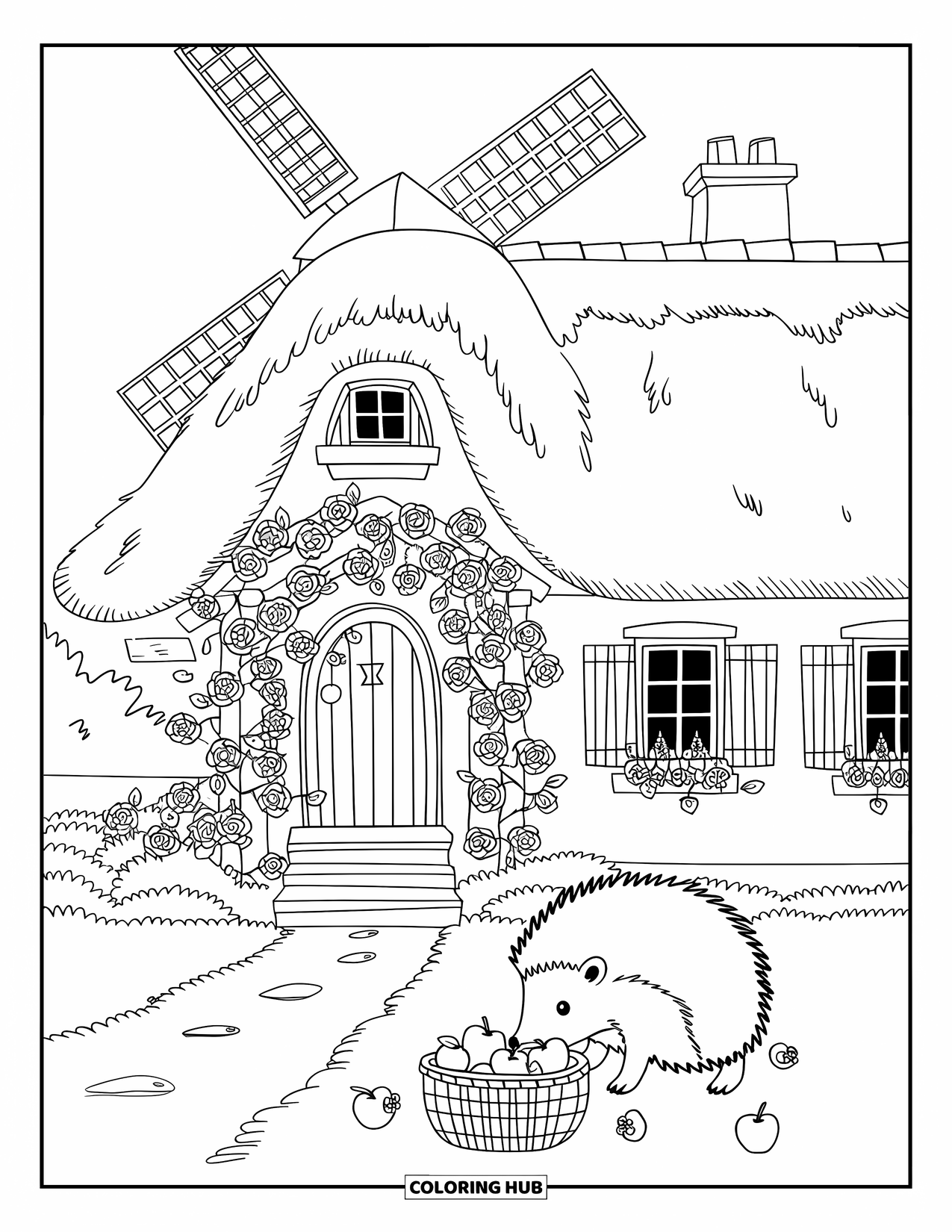 Dibujo de una cabaña para colorear para adultos: Una cabaña encantadora con contraventanas de madera, un molino de viento y un erizo explorando una cesta de frutas