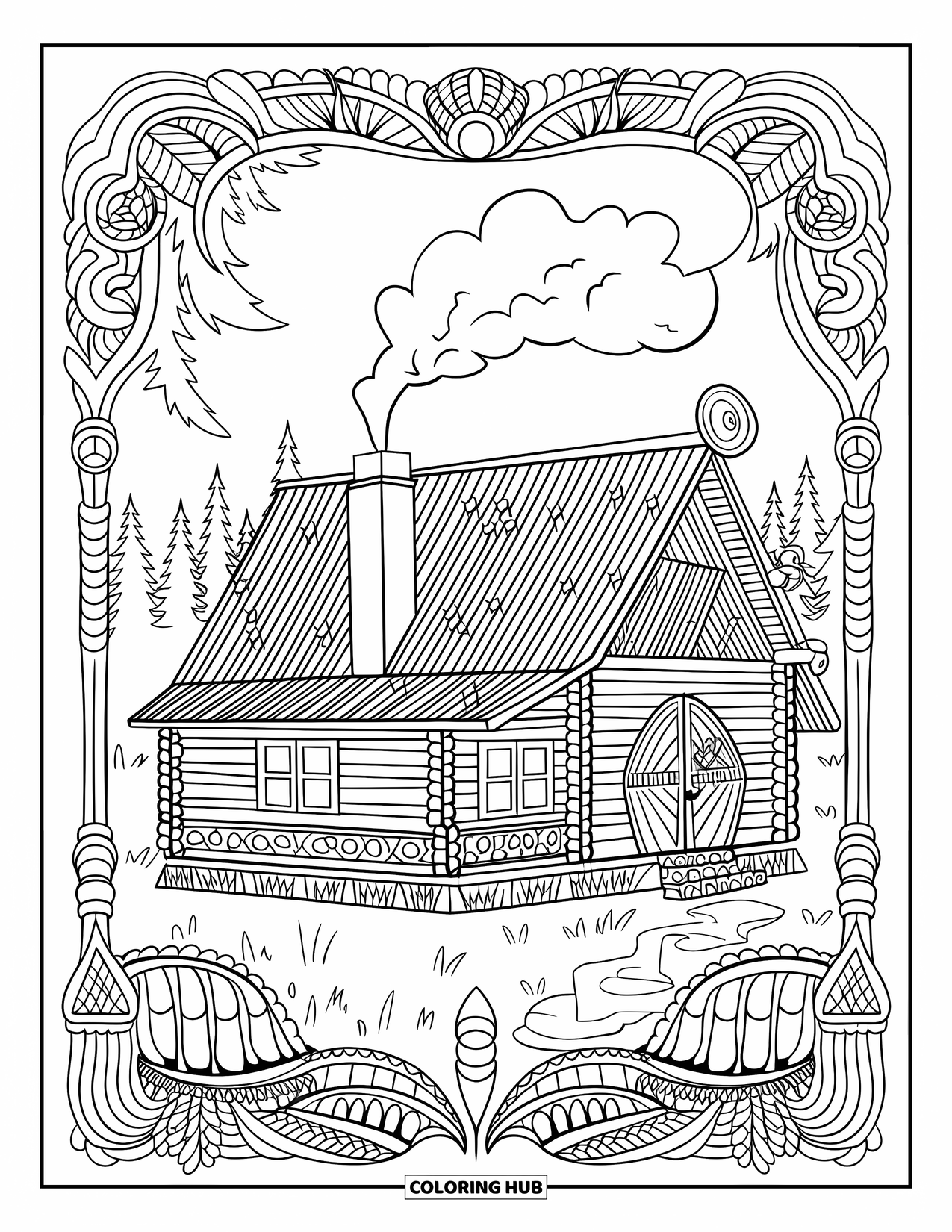 Dibujo para colorear de una cabaña para adultos: Una encantadora cabaña de madera con textura de vetas de madera, una chimenea y un espeso telón de fondo forestal