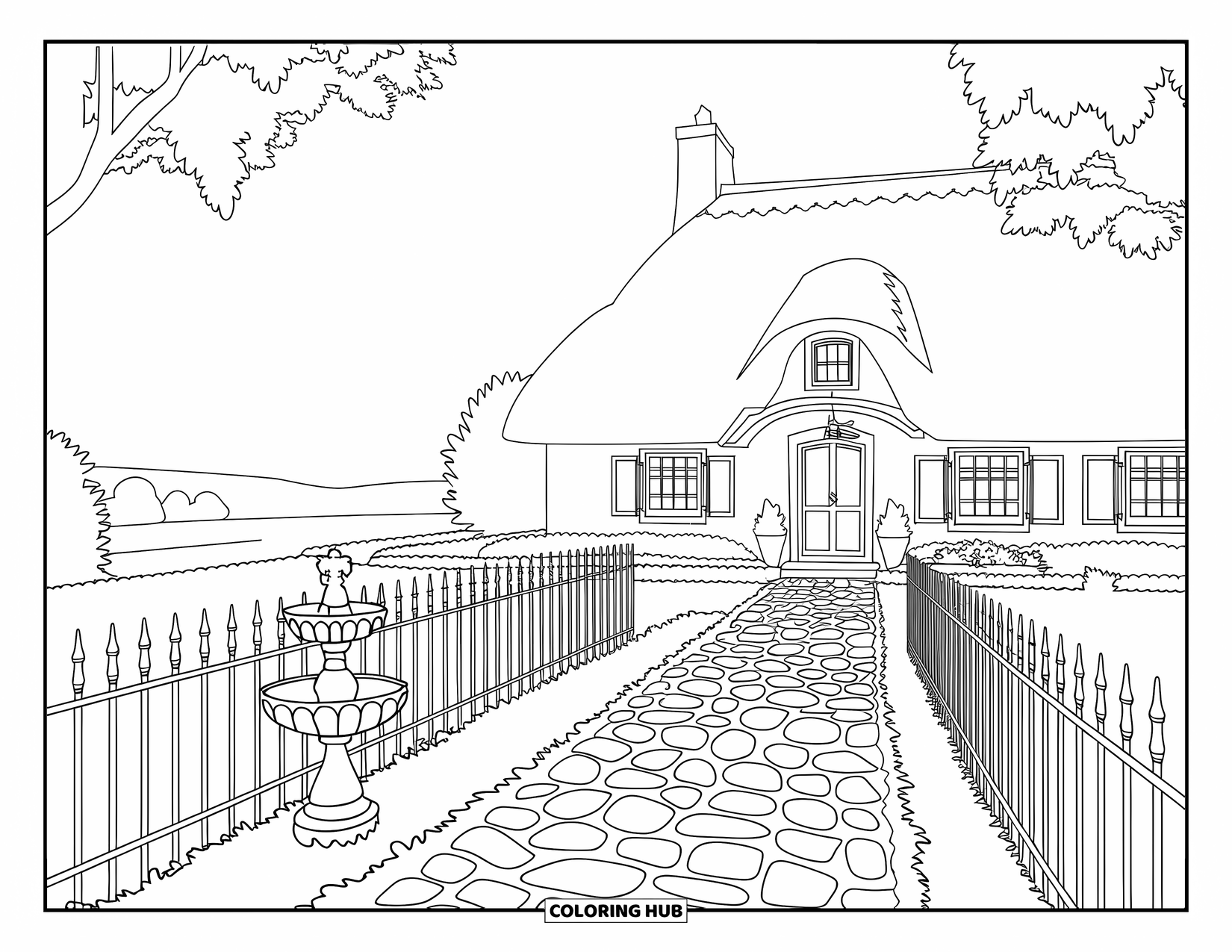 Dibujo para colorear de una cabaña para adultos: Una cabaña europea clásica con contraventanas de madera, una fuente y exuberantes plantas trepadoras