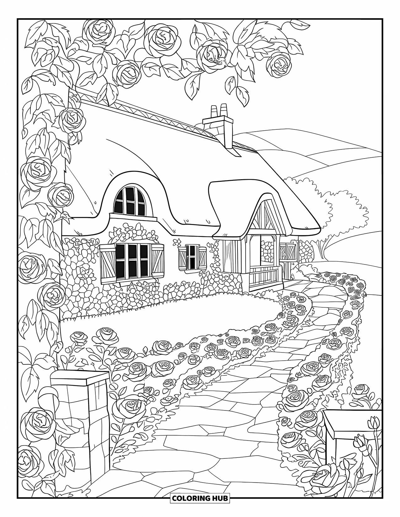 Dibujo para colorear de una cabaña para adultos: Una acogedora cabaña de campo con techo de paja, paredes bordeadas de flores y un sinuoso sendero de jardín
