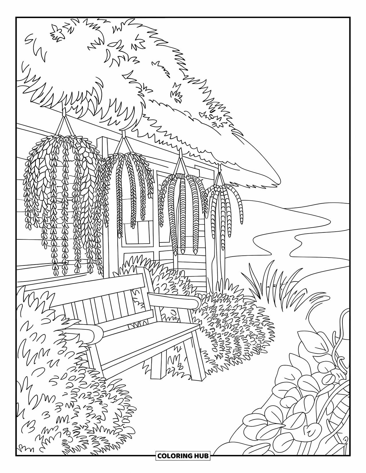 Dibujo para colorear de una cabaña para adultos: Una acogedora cabaña de jardín con techo de paja, paredes cubiertas de hiedra y un banco rodeado de plantas