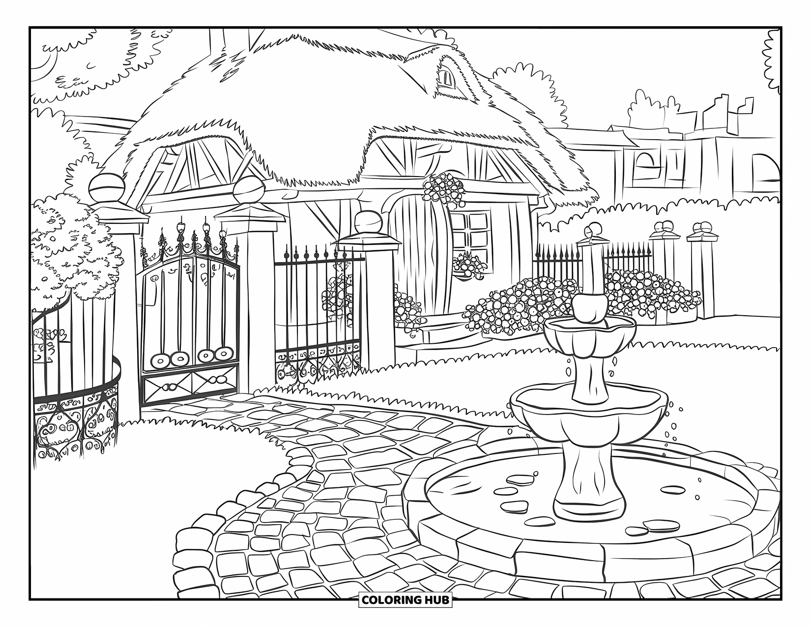 Dibujo para colorear de una cabaña para adultos: Una cabaña europea de estilo de cuento de hadas con un jardín cerrado, una fuente de piedra y un fondo escénico