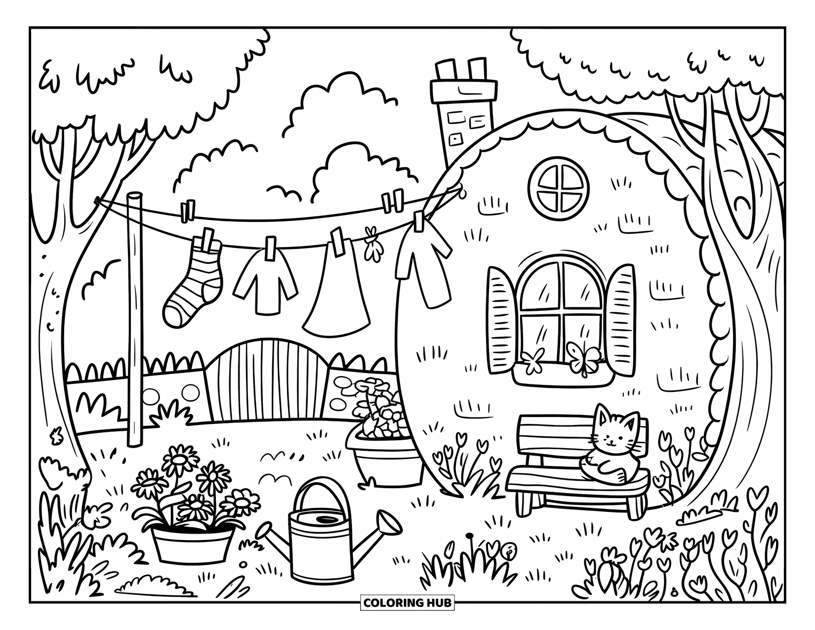 Dibujo para colorear de una cabaña para adultos: Una cabaña de jardín con un tendedero, pequeños calcetines ondeando y un gato descansando cerca de las margaritas