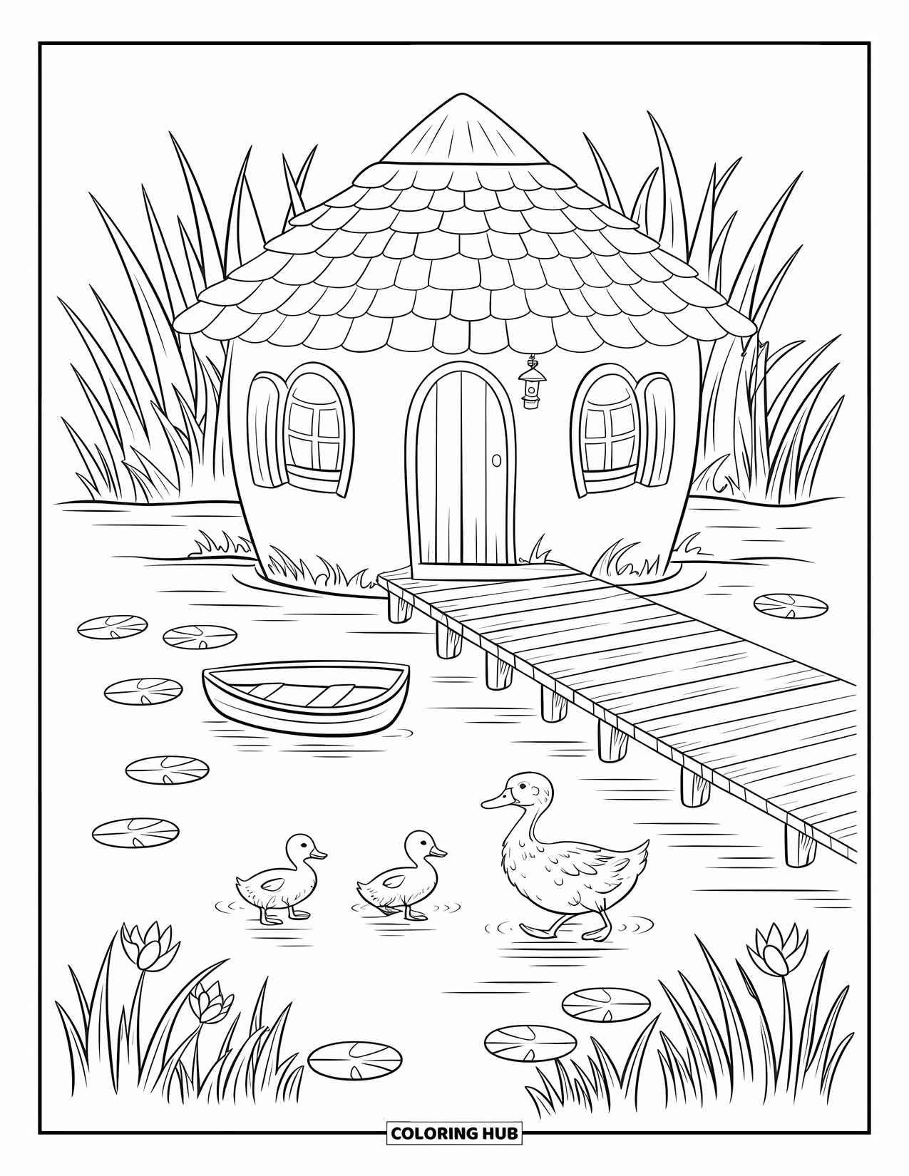 Dibujo para colorear de una cabaña para adultos: Una cabaña junto al lago con un muelle de madera, una pata con patitos y un bote cerca de la orilla