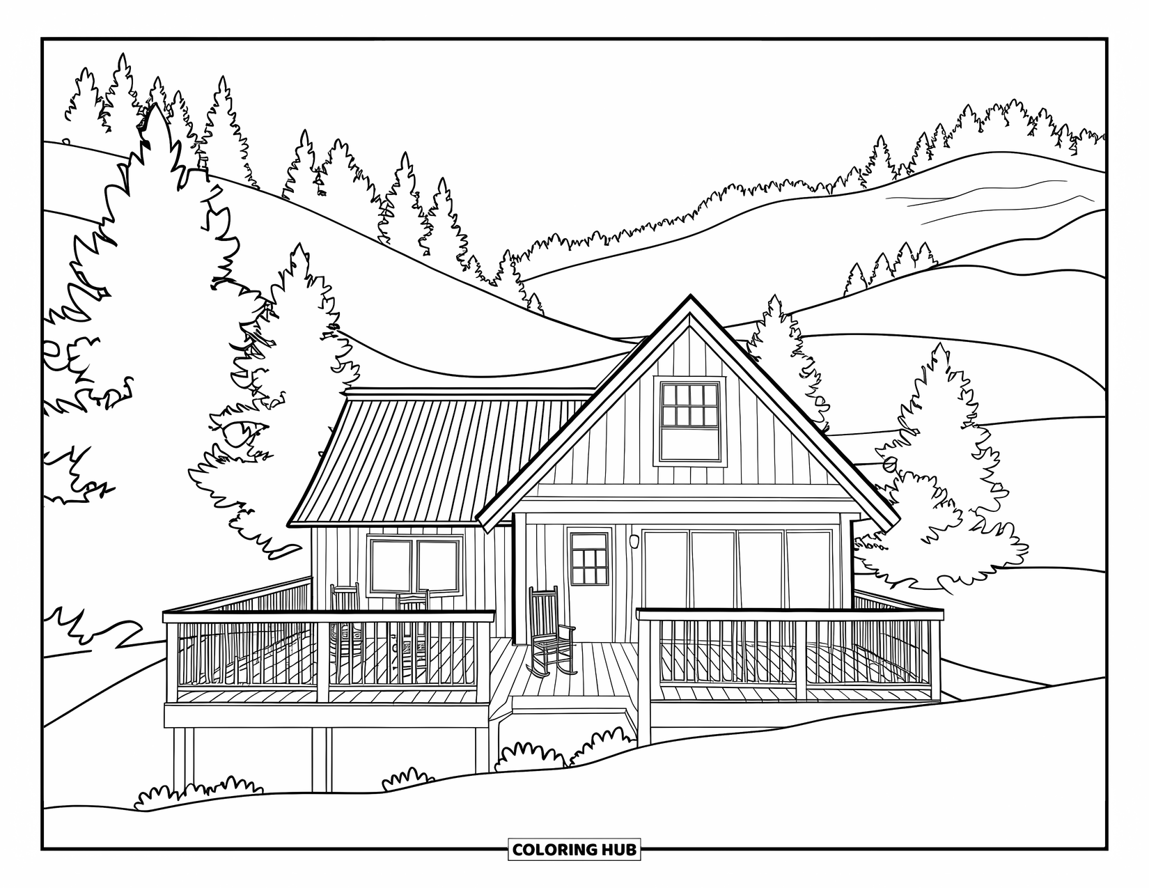 Dibujo para colorear de una cabaña para adultos: Una cabaña de retiro de montaña con una terraza de madera, una mecedora y colinas onduladas al fondo