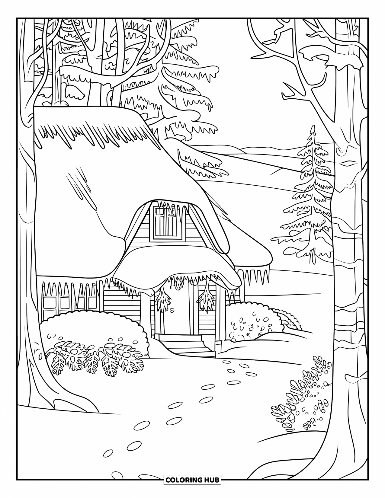 Dibujo para colorear de una cabaña para adultos: Un tranquilo refugio nevado con una cerca de madera, carámbanos en los aleros y una ventana iluminada cálidamente