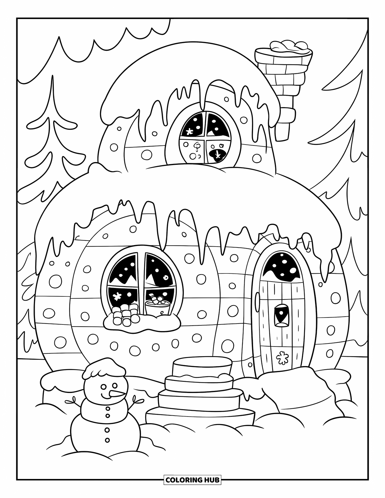 Dibujo para colorear de una cabaña para adultos: Una cabaña redonda de invierno cubierta de nieve, con un pequeño muñeco de nieve y un reno asomándose cerca