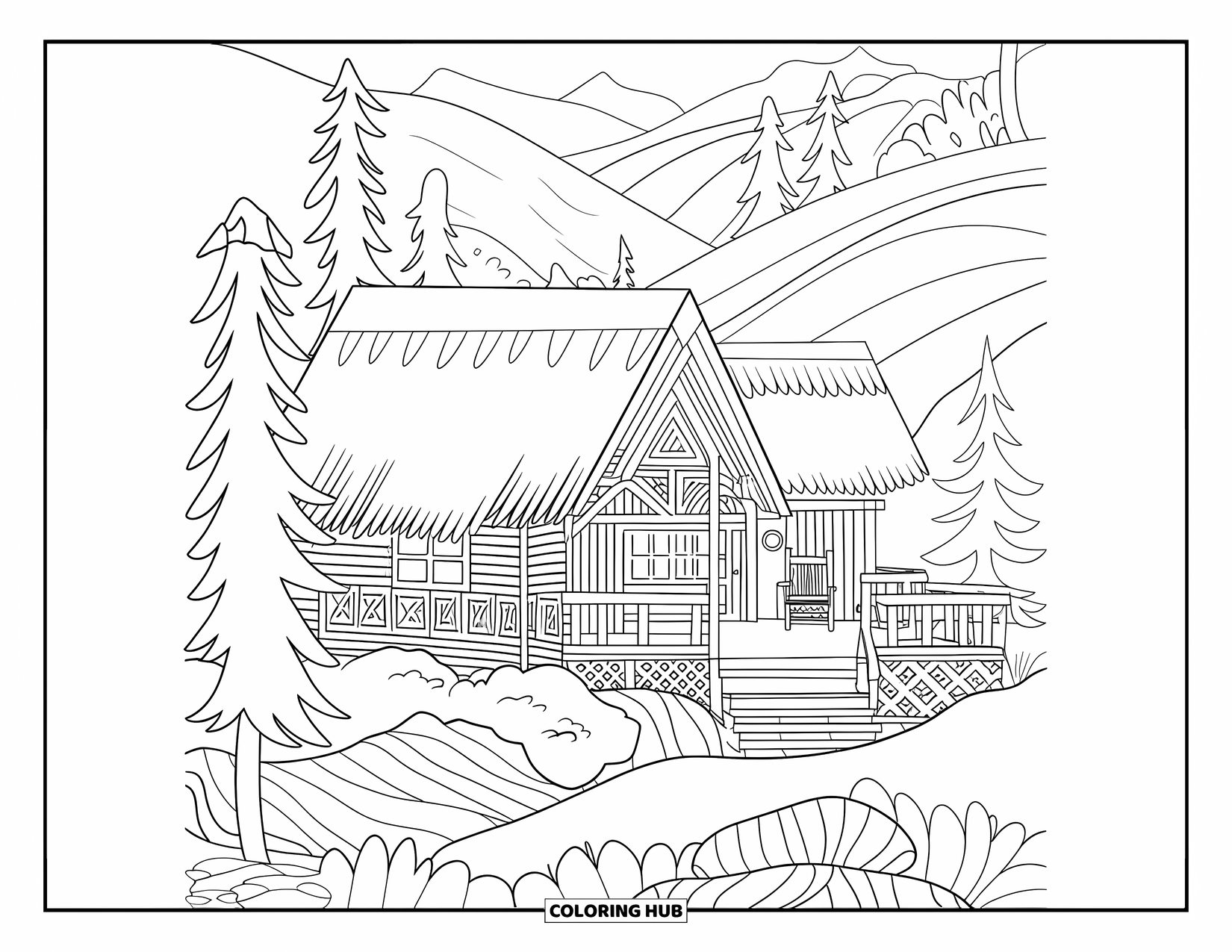 Dibujo para colorear de una cabaña para adultos: Una cabaña rústica de montaña con un techo empinado, colinas onduladas y un entorno forestal tranquilo