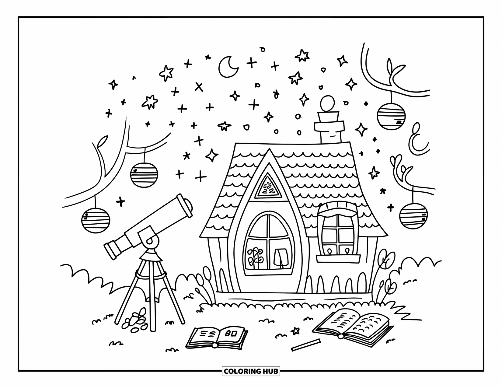 Dibujo para colorear de una cabaña para adultos: Una pequeña cabaña bajo estrellas parpadeantes, con un telescopio instalado y faroles colgando cerca
