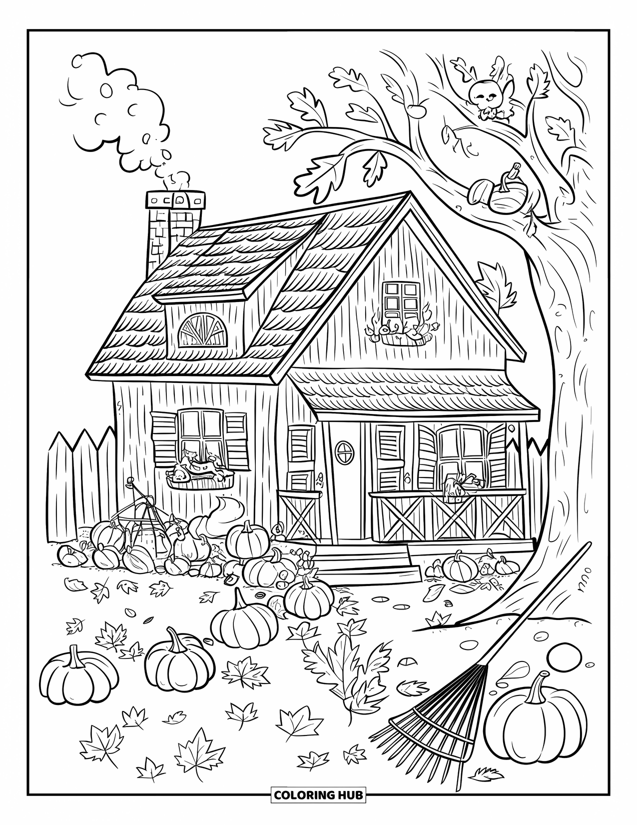 Dibujo para colorear de una cabaña para adultos: Una cabaña con techo de paja con hojas de otoño, un zorro descansando y un rastrillo apoyado en la cerca