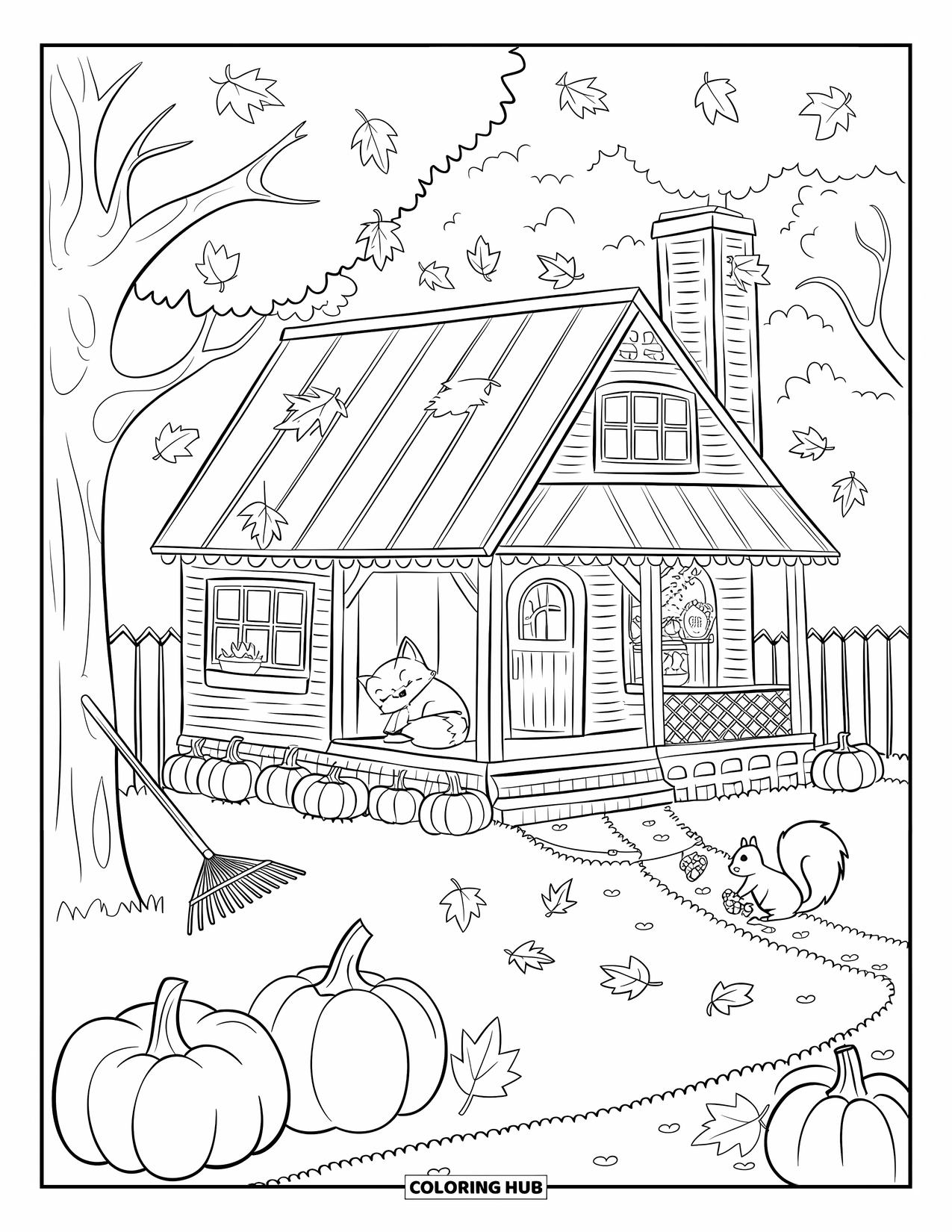 Dibujo de una cabaña para colorear para adultos: Una cálida cabaña de otoño con una chimenea, calabazas y una ardilla juguetona recogiendo bellotas