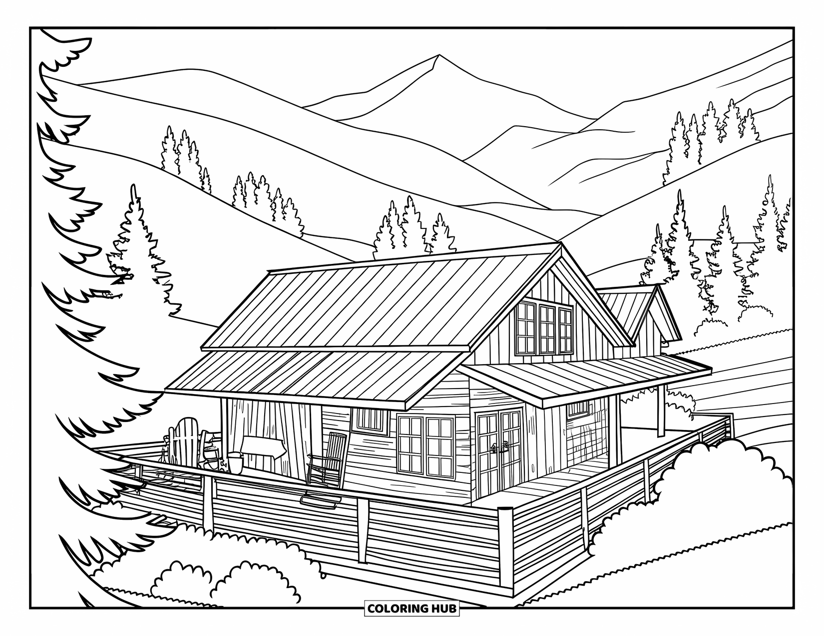 Dibujo para colorear de una cabaña para adultos: Una cabaña de madera en las montañas con una mecedora en la terraza y pinos cerca