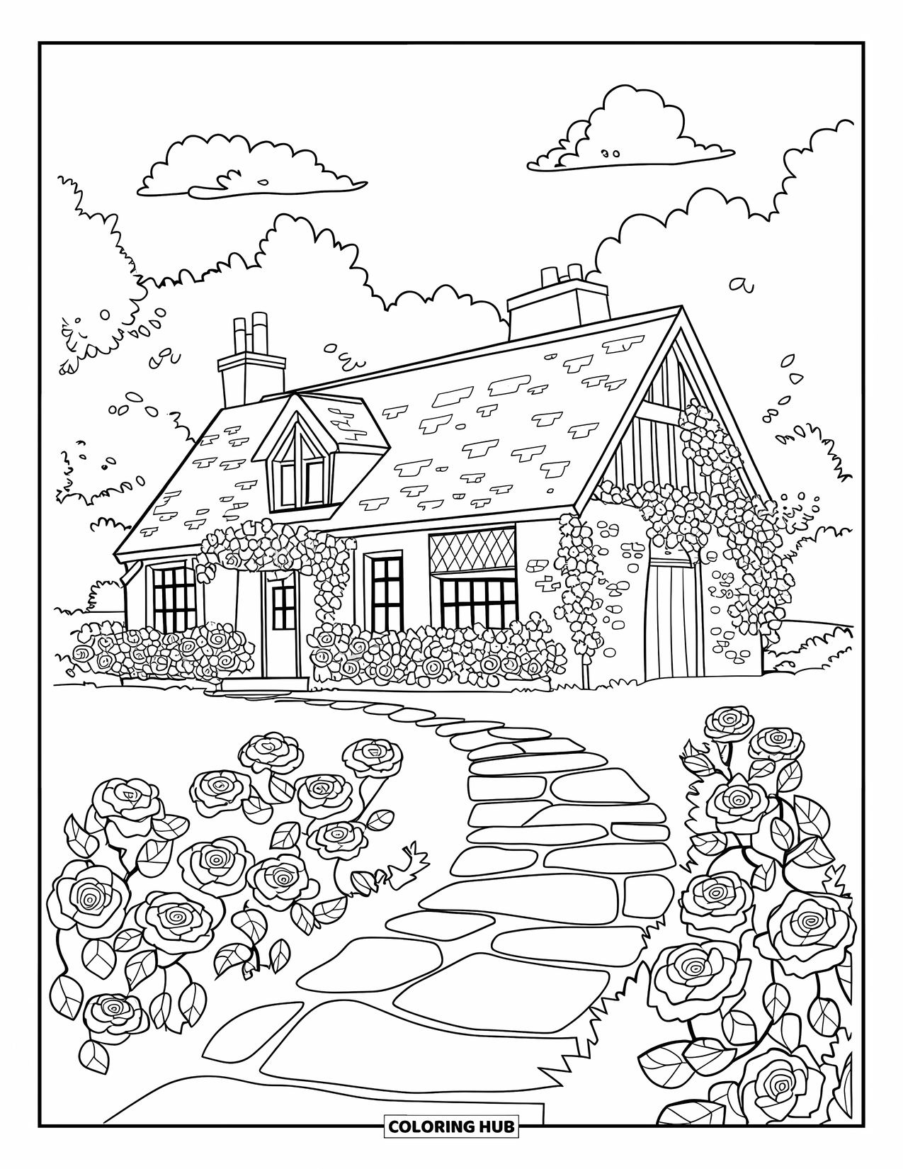 Dibujo para colorear de una cabaña para adultos: Una cabaña en la campiña inglesa con paredes cubiertas de hiedra, rosas florecientes y un camino de piedra