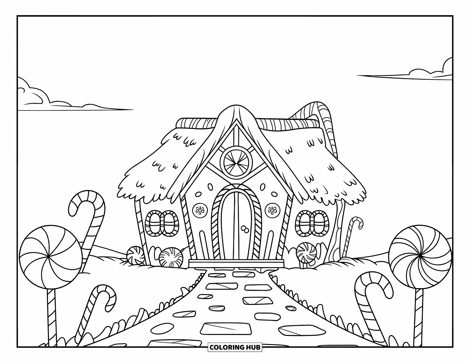 Dibujo de una cabaña para colorear para niños: Una cabaña con temática de dulces con un camino de ladrillos, decoraciones de dulces y algunas nubes arriba