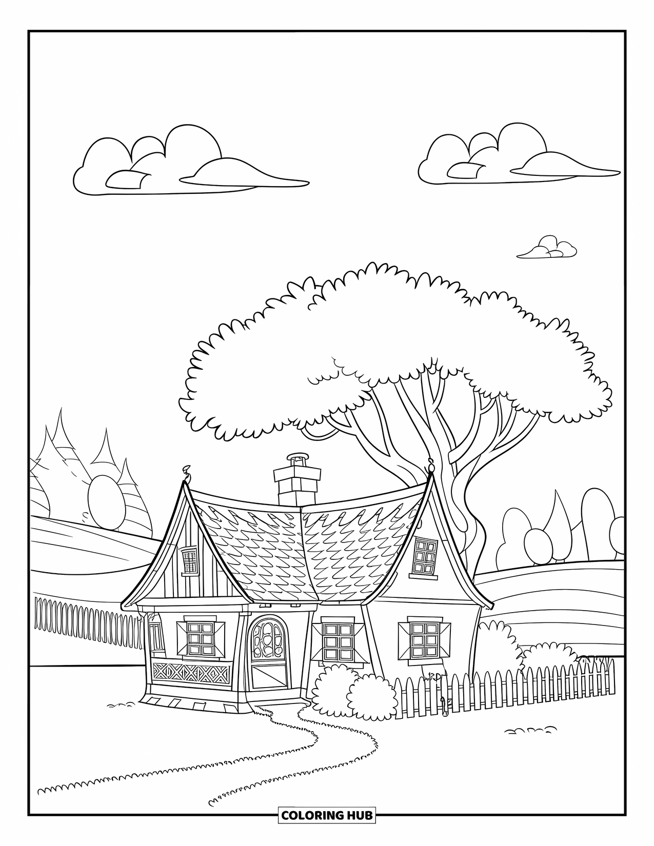 Dibujo de una cabaña para colorear para niños: Una cabaña encantadora con una cerca de piquete, un árbol pequeño y colinas ondulantes en la distancia