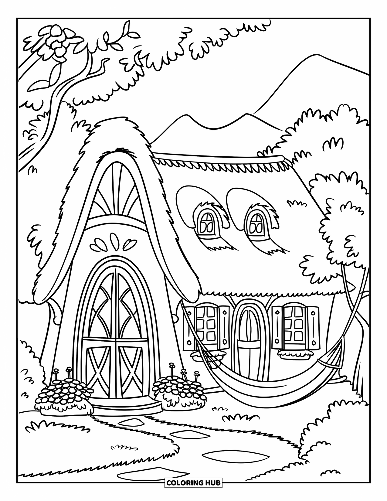 Dibujo de una cabaña para colorear para niños: Una cabaña encantadora con una puerta arqueada, ventanas en el ático y una hamaca entre dos árboles