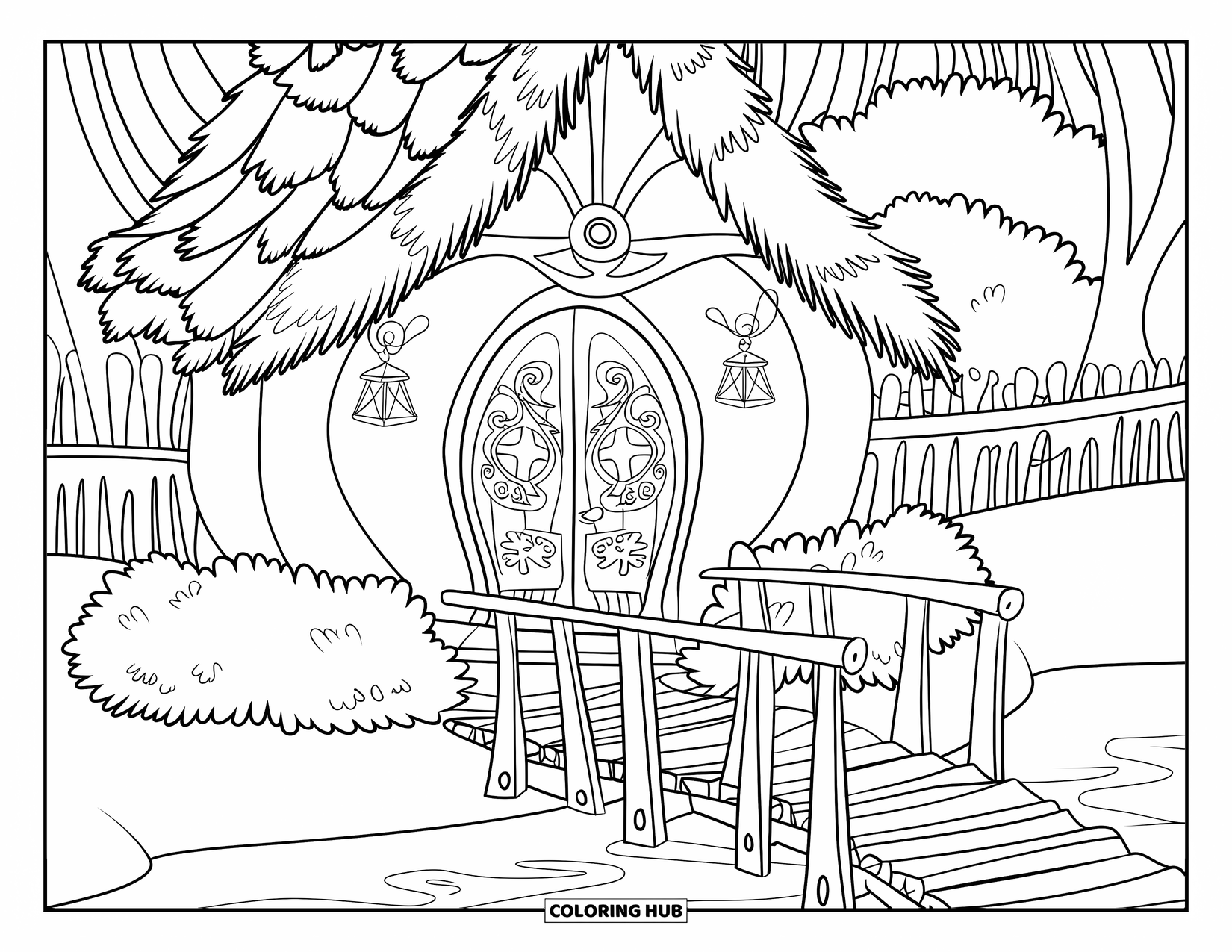 Dibujo de una cabaña para colorear para niños: Una encantadora cabaña de elfos enclavada entre árboles, con un pequeño puente sobre un lago tranquilo