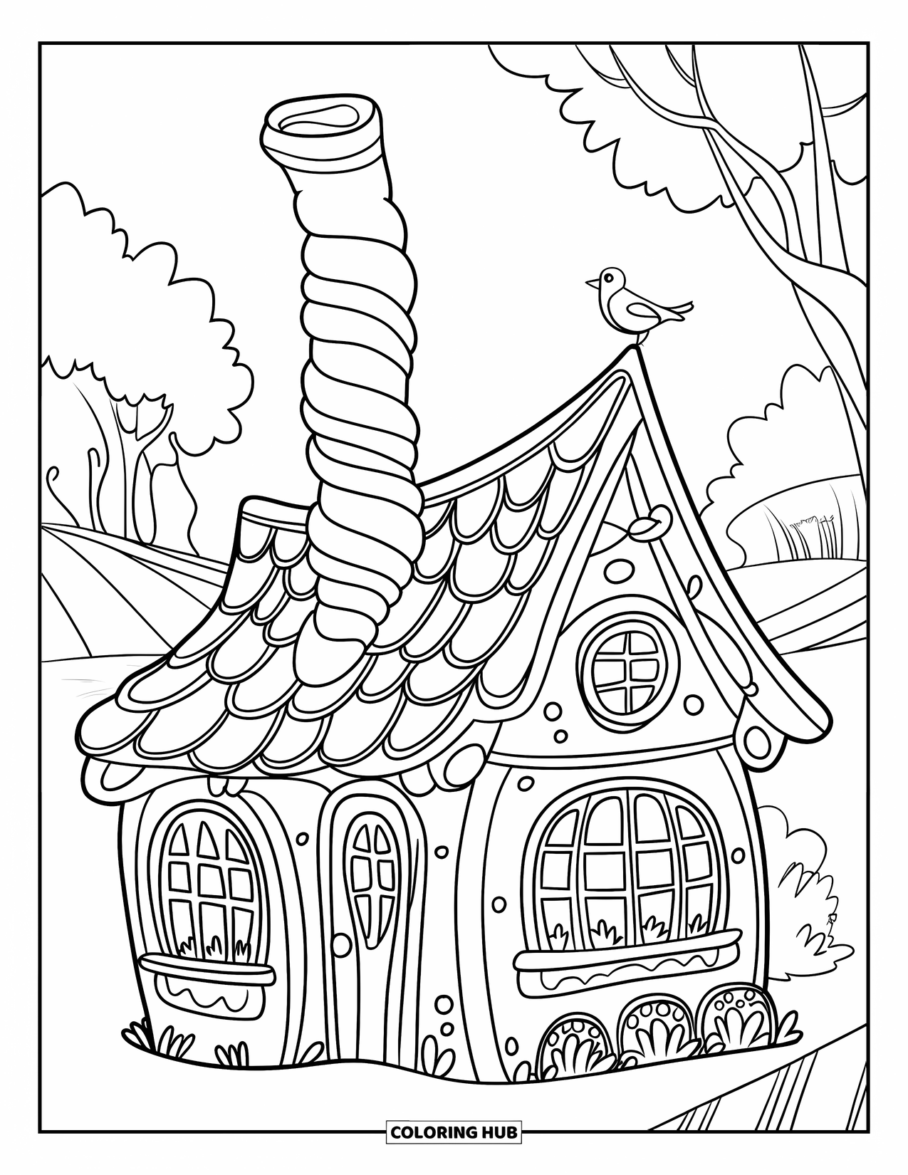 Dibujo de una cabaña para colorear para niños: Una cabaña acogedora con ventanas redondeadas, un pájaro en el techo y colinas ondulantes en el fondo