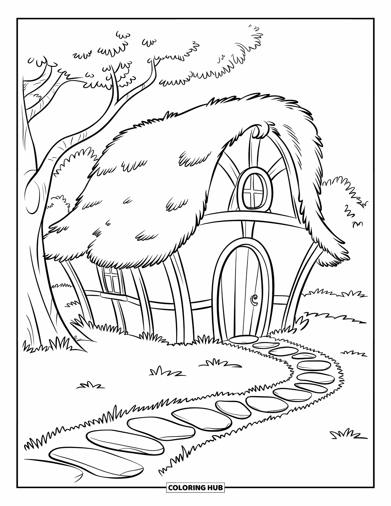 Dibujo de una cabaña para colorear para niños: Un acogedor hogar de cuento de hadas con una cerca blanca de piquete, colinas ondulantes y una pradera cubierta de hierba