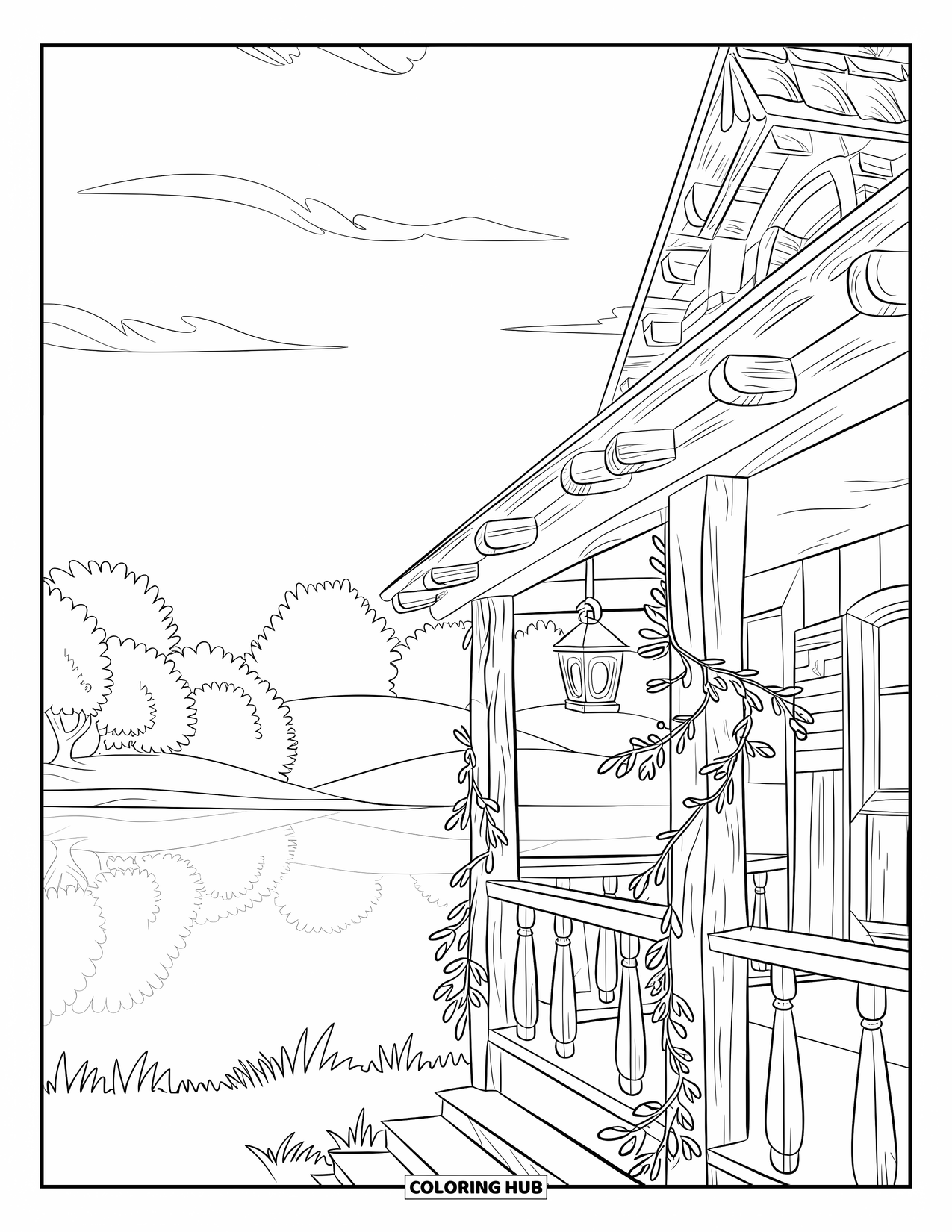 Dibujo de una cabaña para colorear para niños: Una acogedora cabaña rústica con un porche cubierto de enredaderas, un lago cercano y exuberantes árboles verdes