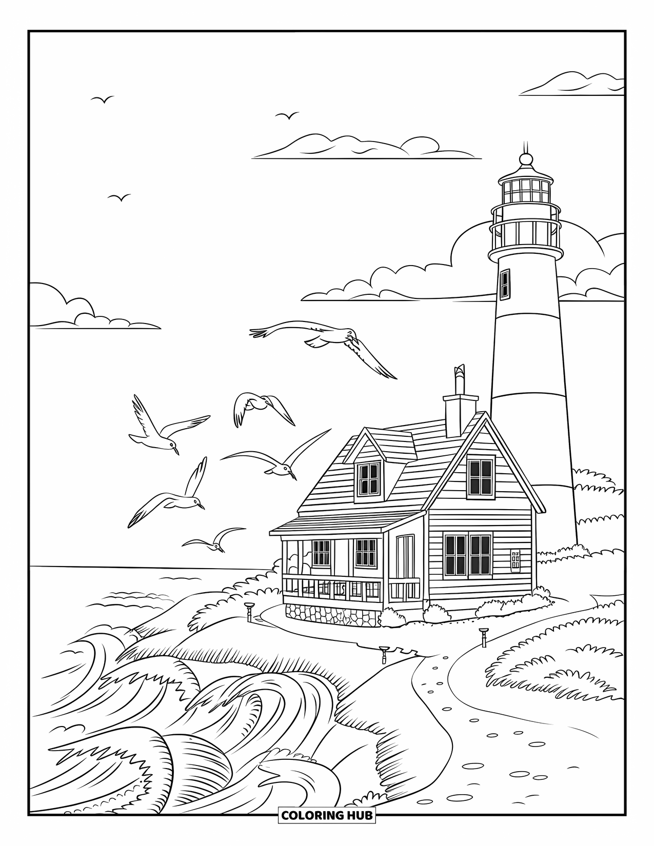 Dibujo de una cabaña para colorear para niños: Una acogedora cabaña junto al mar con un faro, olas del océano y un sendero sinuoso que conduce a ella