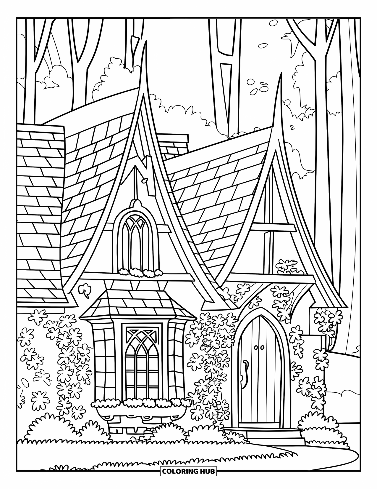Dibujo de una cabaña para colorear para niños: Una cabaña de estilo gótico con tejados puntiagudos, paredes cubiertas de hiedra y un bosque misterioso
