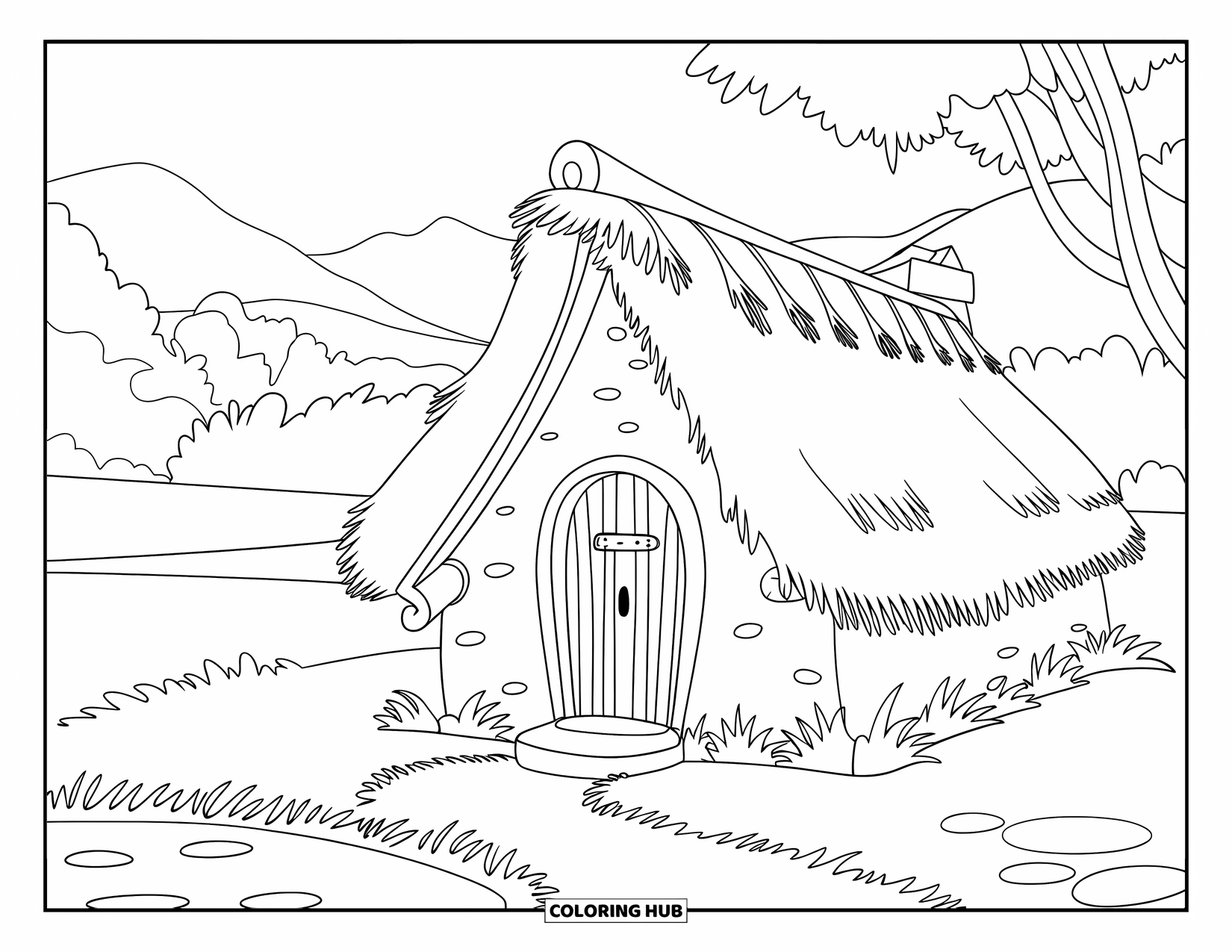 Dibujo de una cabaña para colorear para niños: Una cabaña tipo choza con un techo de paja, una puerta de madera y un estanque al lado