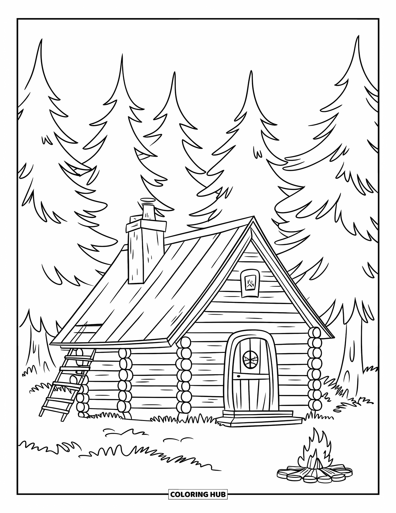 Dibujo de una cabaña para colorear para niños: Una cabaña de madera enclavada en el bosque, con altos pinos y una pequeña fogata afuera