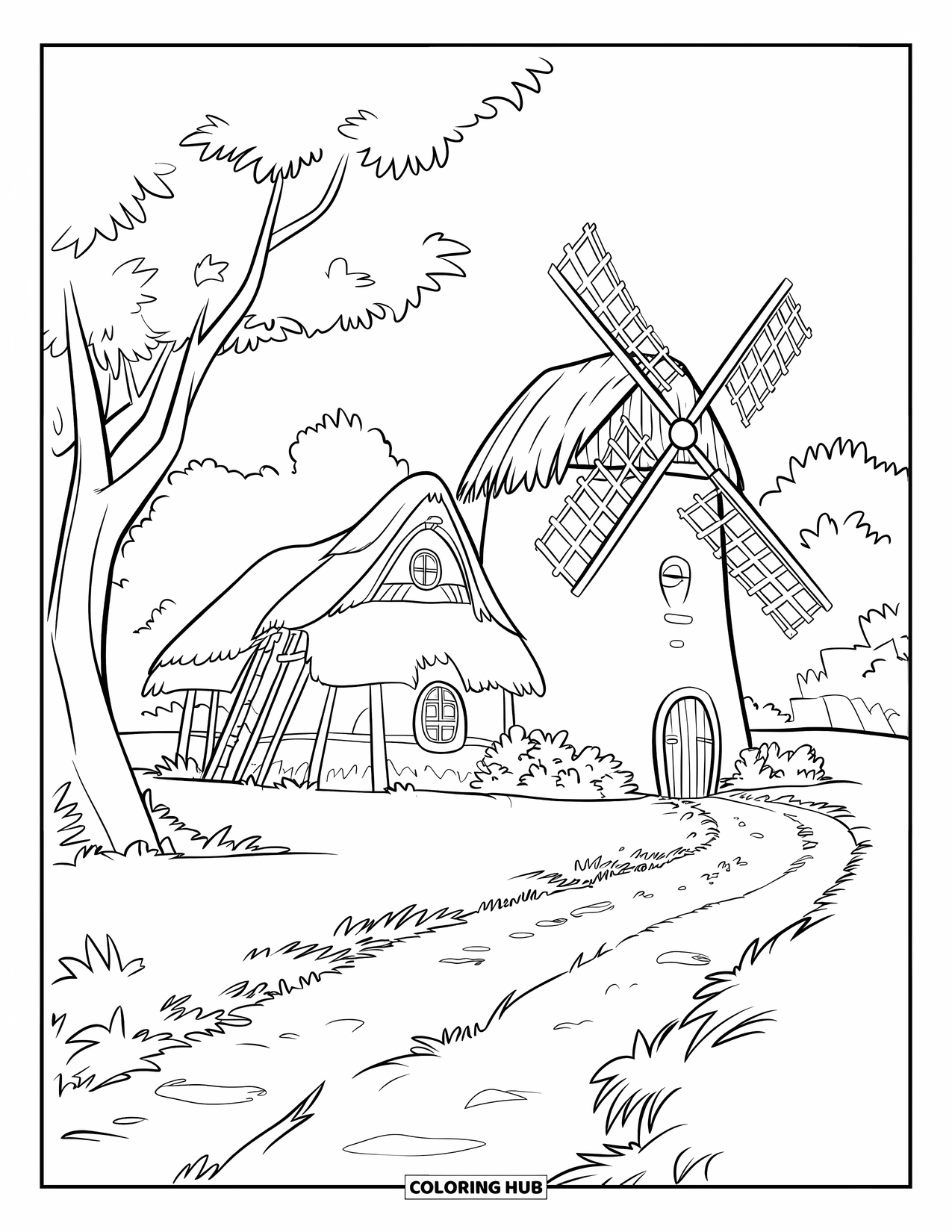 Dibujo de una cabaña para colorear para niños: Una cabaña rústica con un molino de viento, un techo de paja y una puerta de madera en un campo tranquilo