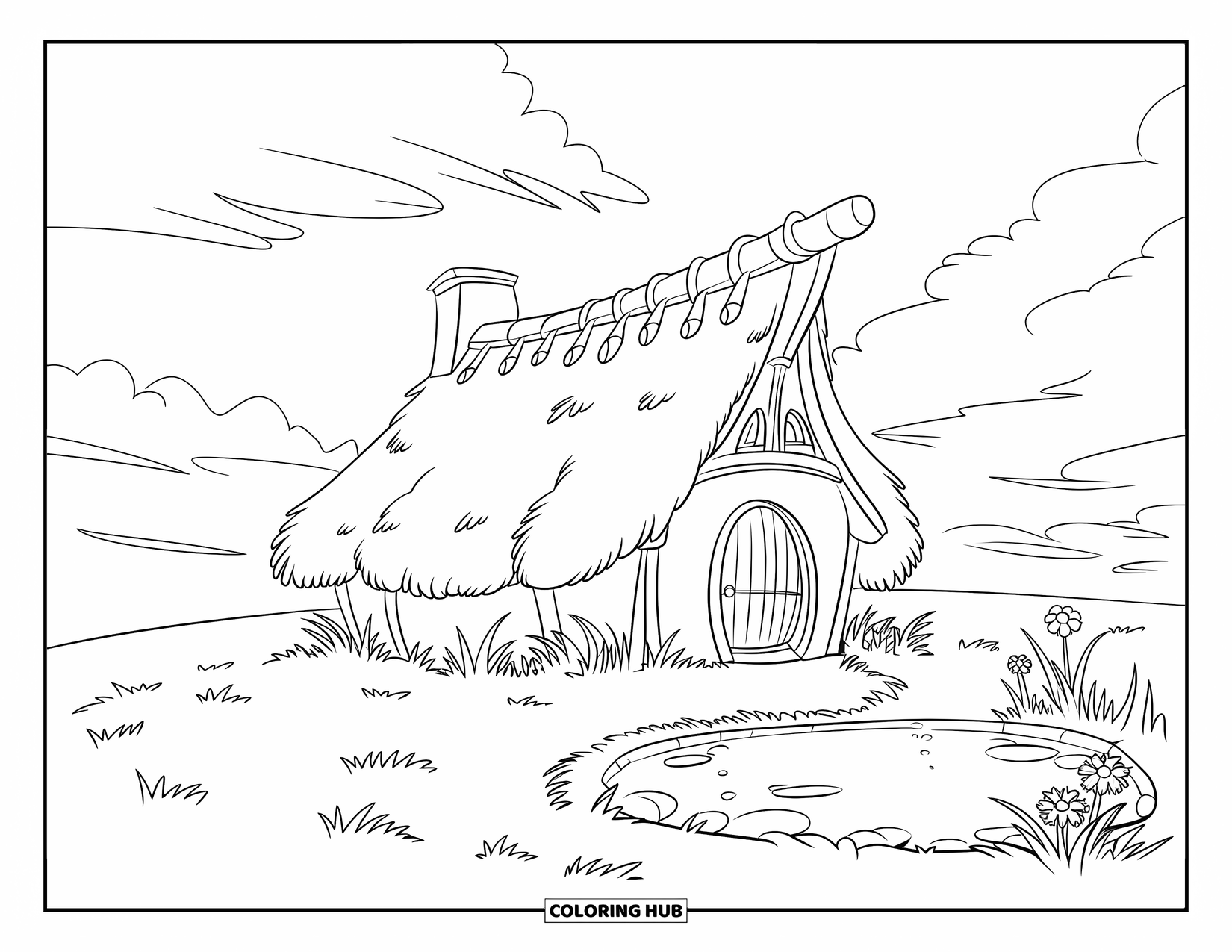 Dibujo de una cabaña para colorear para niños: Una cabaña rústica con una puerta de madera, un estanque cercano y una chimenea rodeada de flores