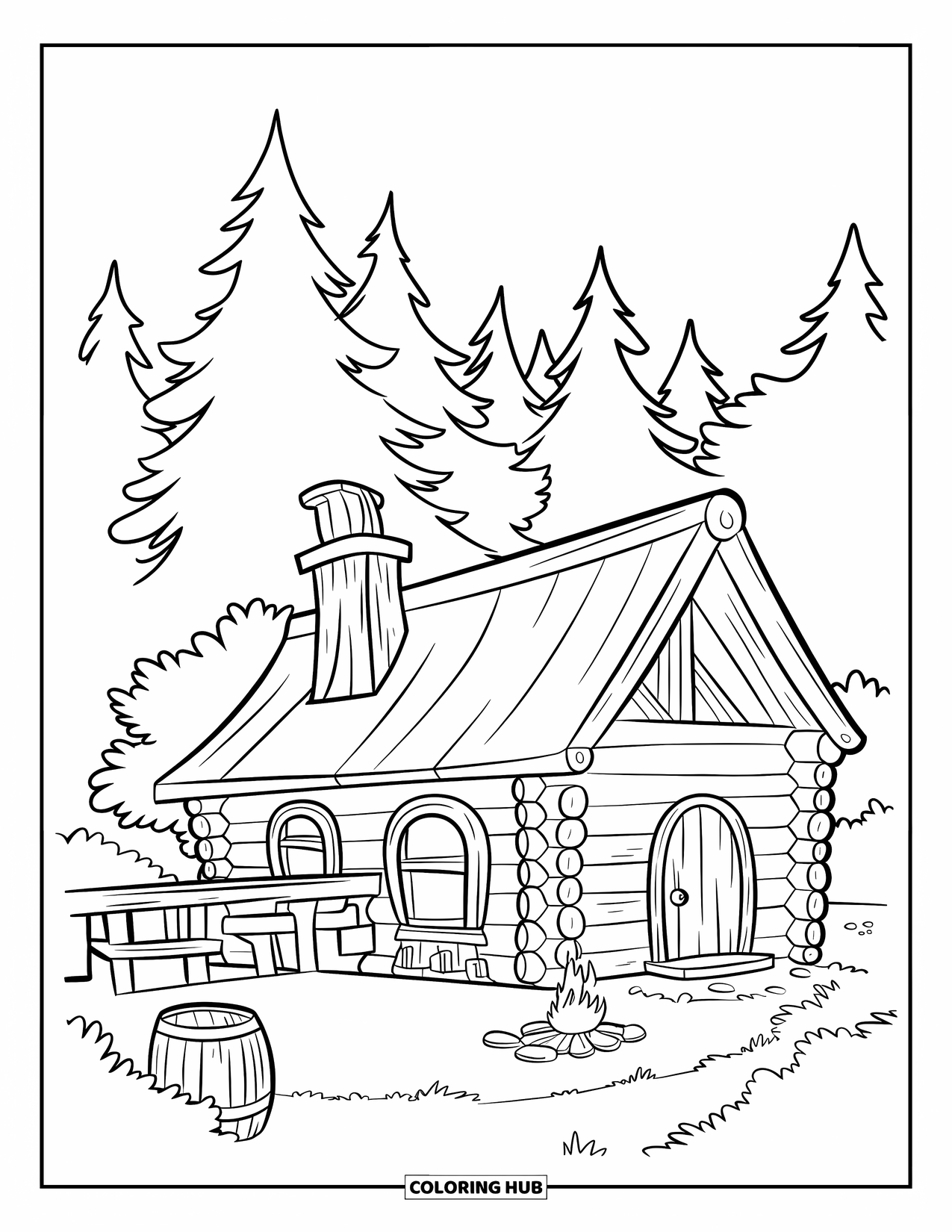 Dibujo de una cabaña para colorear para niños: Una cabaña rústica de madera con una chimenea, una puerta de madera y un barril cerca de la entrada