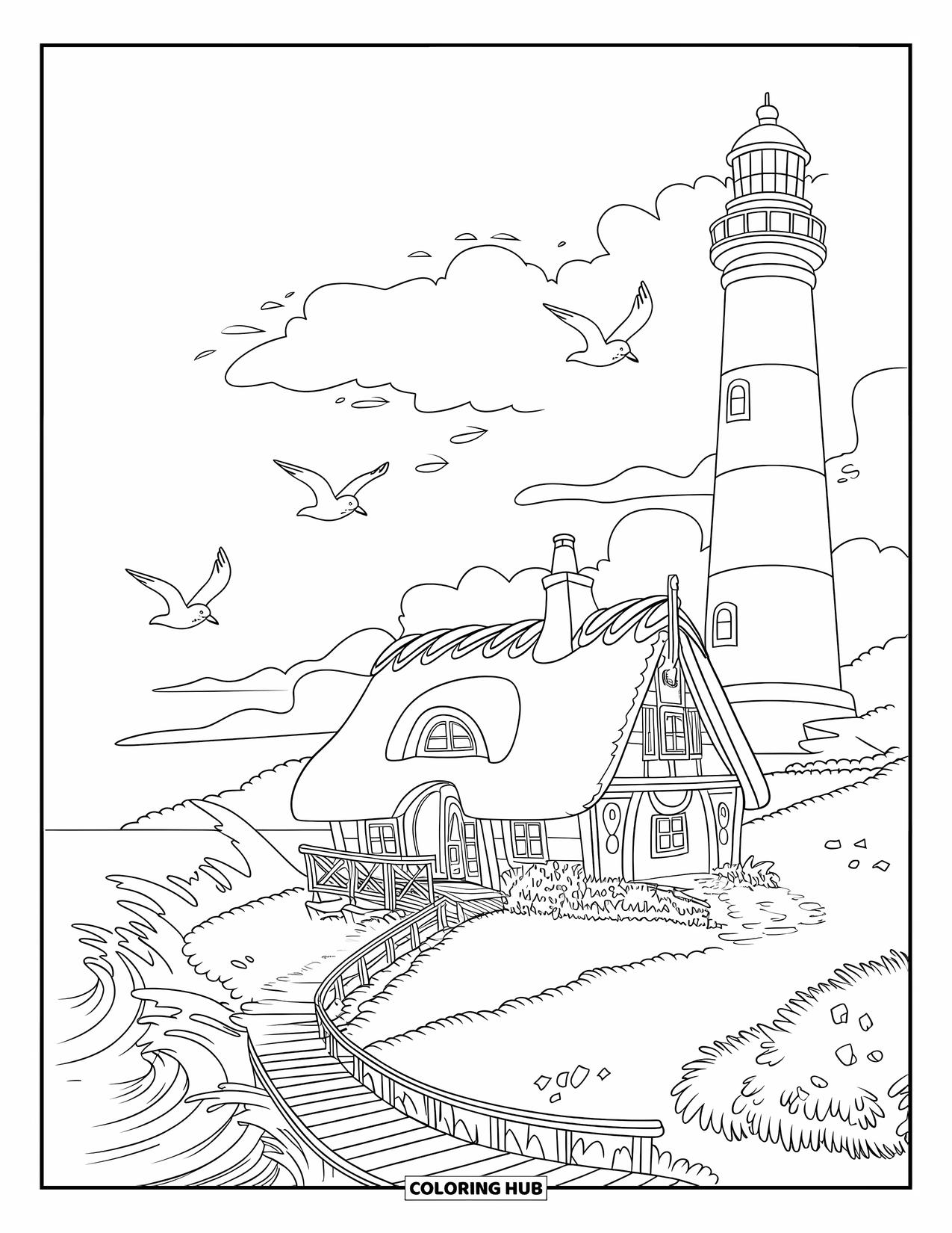 Dibujo de una cabaña para colorear para niños: Una cabaña junto al mar con una pasarela de madera, un faro cercano y pájaros volando sobre ella