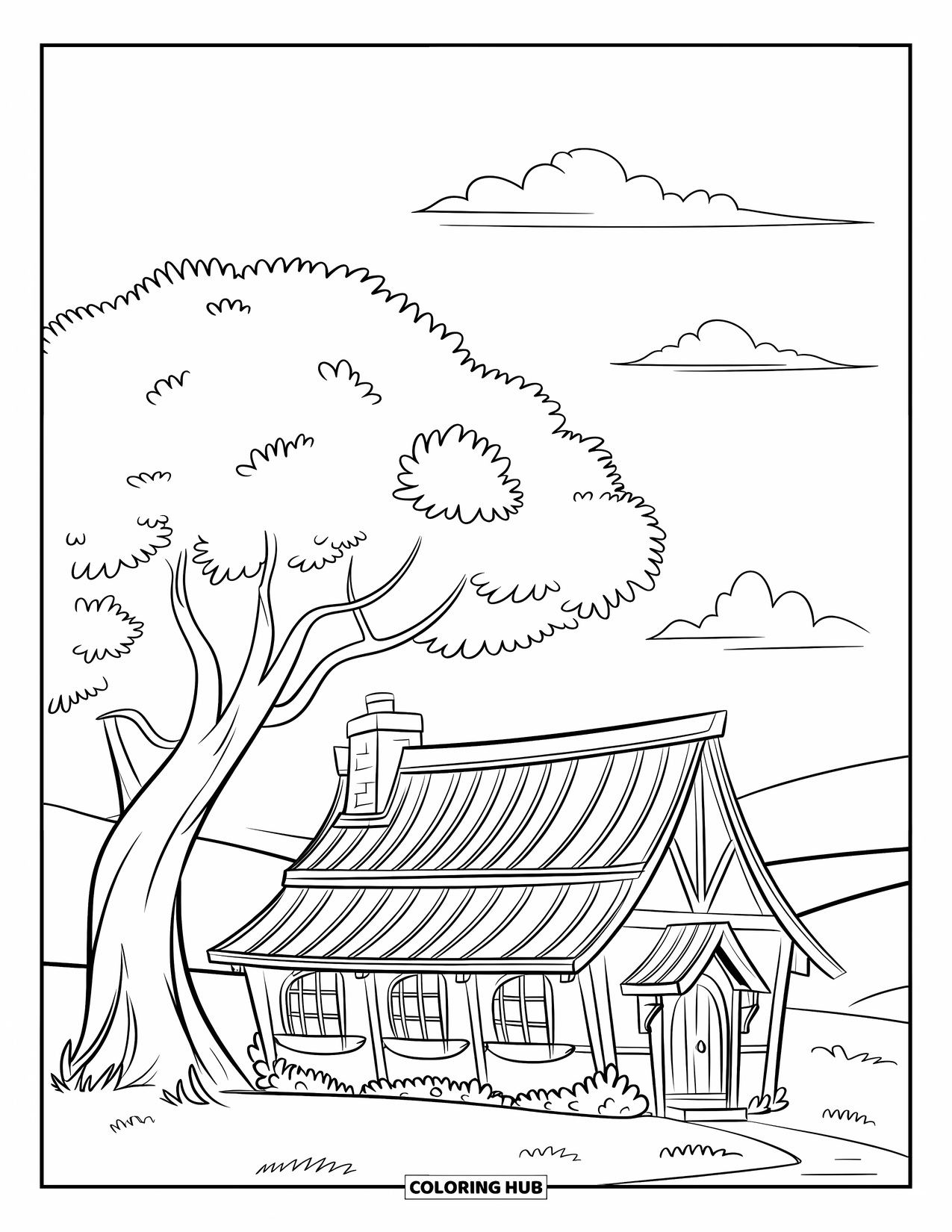 Dibujo de una cabaña para colorear para niños: Una cabaña sencilla con un techo inclinado, un árbol grande y un campo cubierto de hierba en el fondo