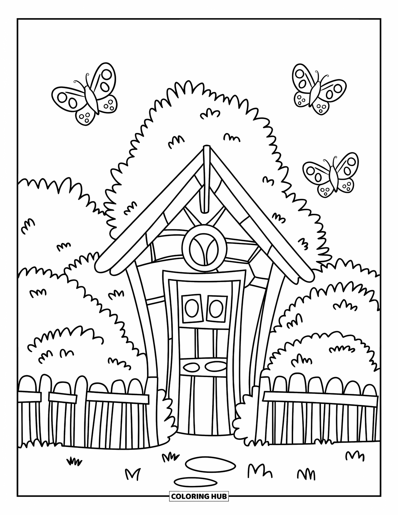 Dibujo de una cabaña para colorear para niños: Una pequeña cabaña de jardín con una cerca de piquete, rodeada de arbustos y mariposas volando
