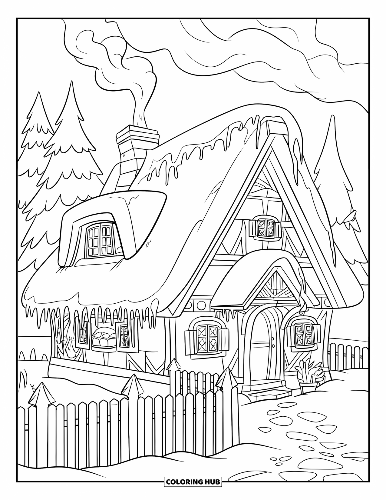 Dibujo de una cabaña para colorear para niños: Una cabaña de invierno nevada con una cerca de piquete, carámbanos y humo saliendo de la chimenea