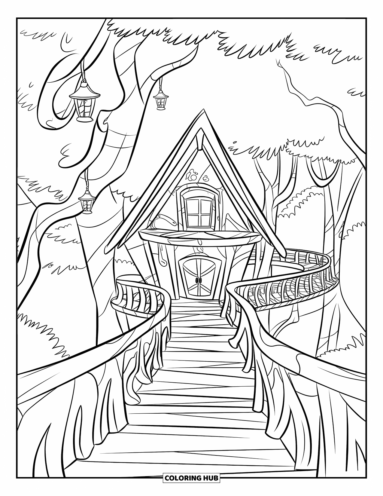 Dibujo de una cabaña para colorear para niños: Una caprichosa cabaña en un árbol con un puente de madera, linternas colgantes y un follaje denso